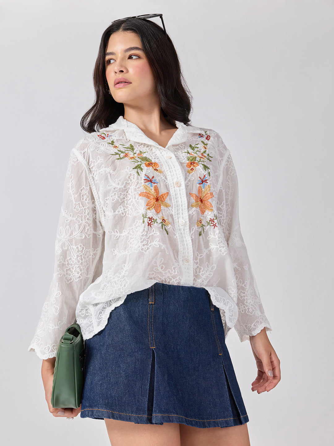 Women’s Floral Embroidered White Shirt with Scalloped Hem