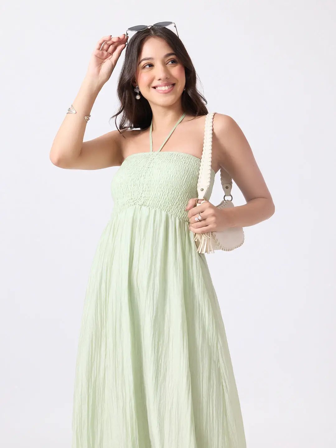 Women's Green Smocked Fit & Flare Halter Neck Maxi Dress with Tiered Ruffle Hem