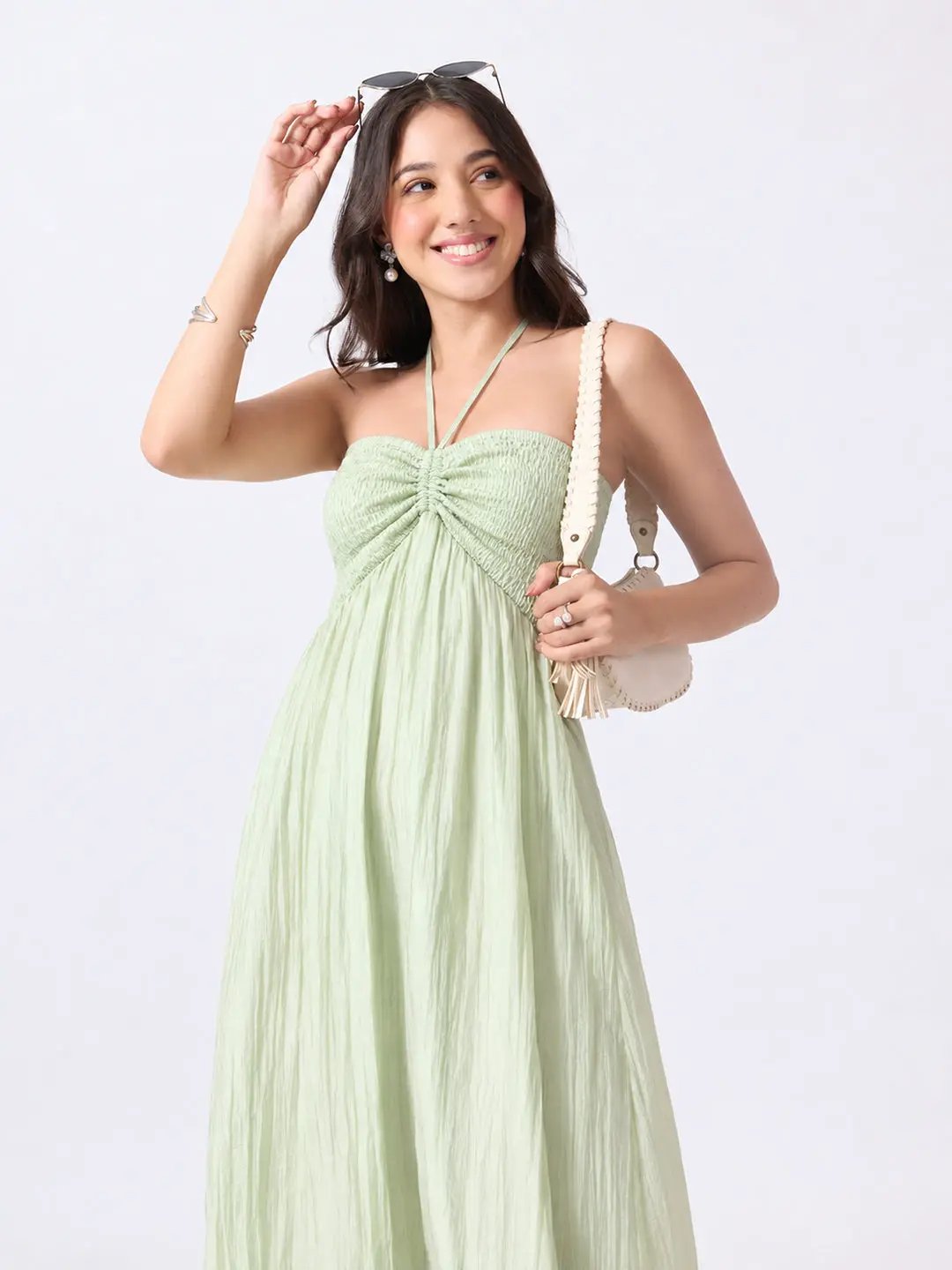 Women's Green Smocked Fit & Flare Halter Neck Maxi Dress with Tiered Ruffle Hem