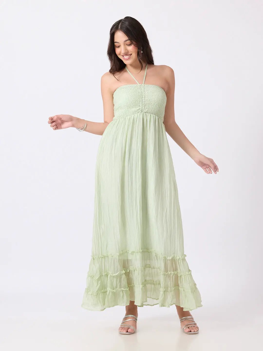 Women's Green Smocked Fit & Flare Halter Neck Maxi Dress with Tiered Ruffle Hem