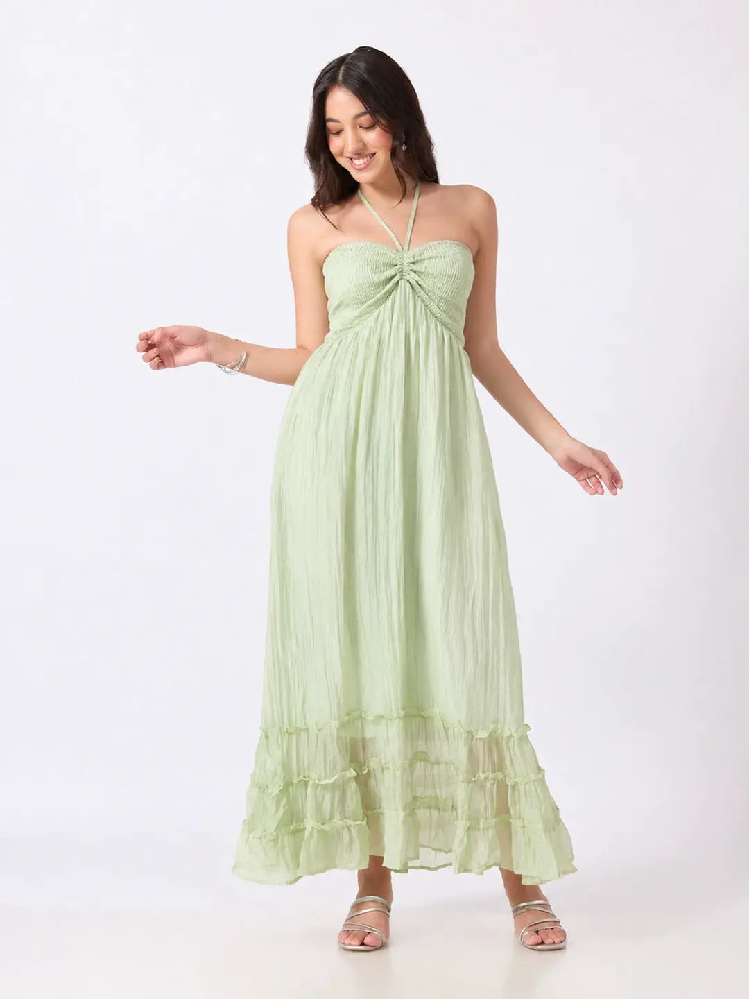 Women's Green Smocked Fit & Flare Halter Neck Maxi Dress with Tiered Ruffle Hem