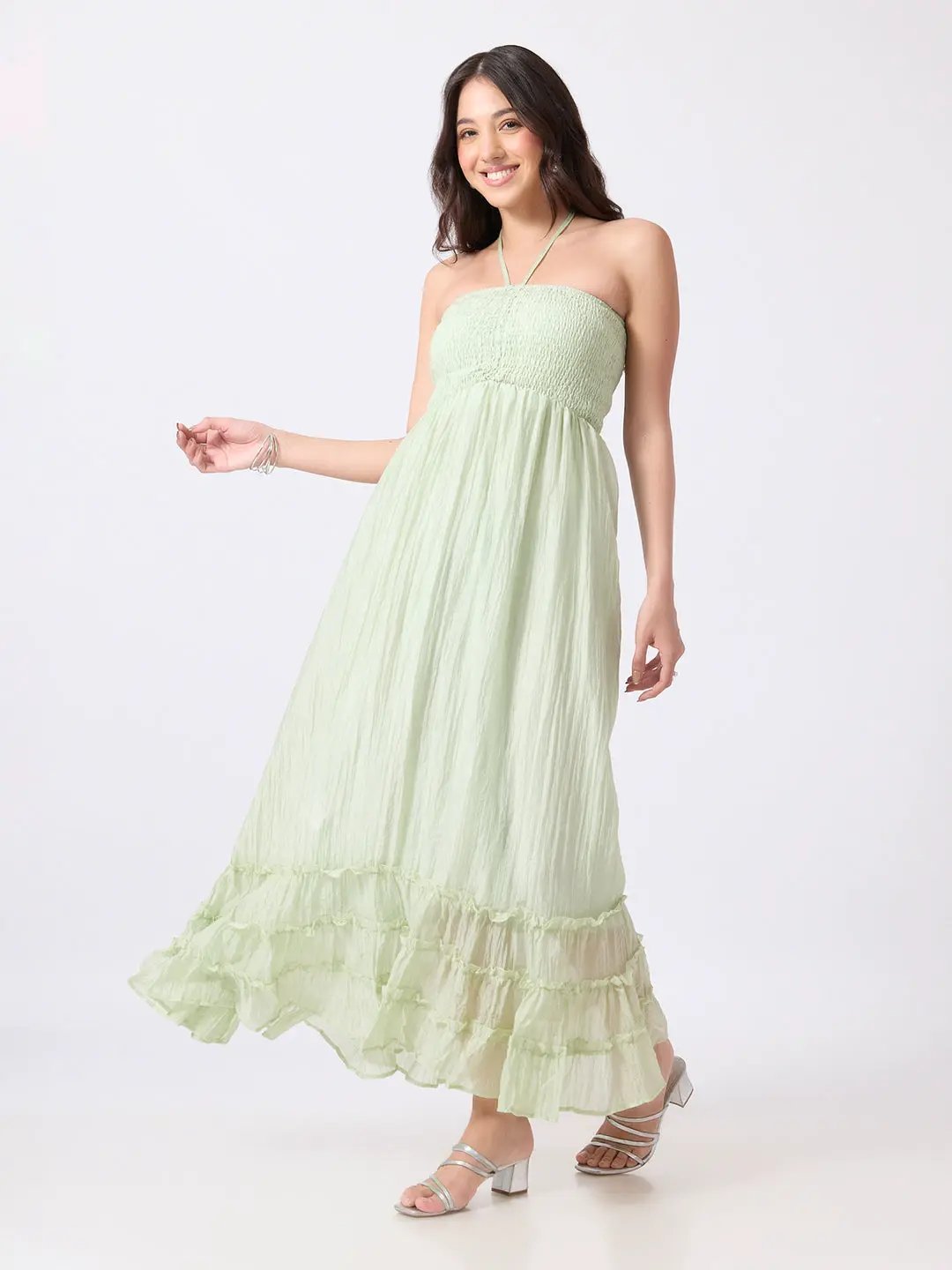Women's Green Smocked Fit & Flare Halter Neck Maxi Dress with Tiered Ruffle Hem