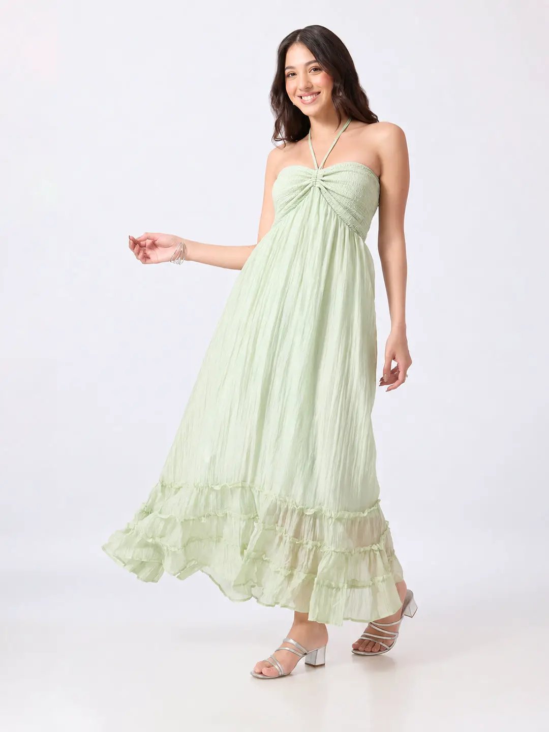 Women's Green Smocked Fit & Flare Halter Neck Maxi Dress with Tiered Ruffle Hem