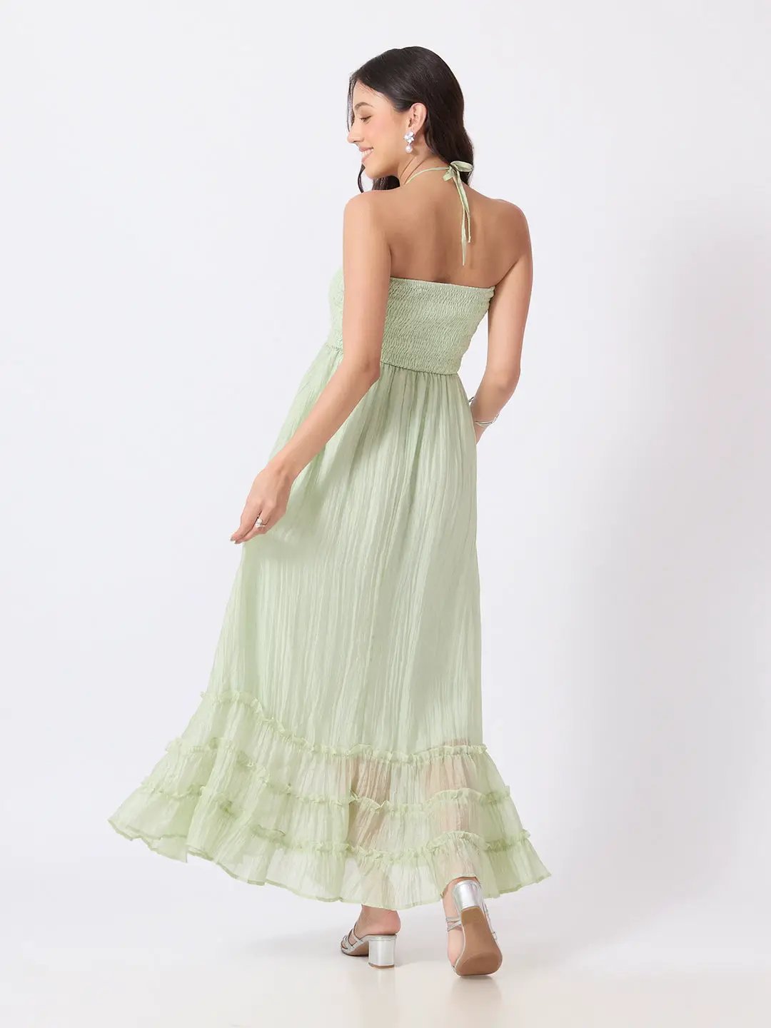 Women's Green Smocked Fit & Flare Halter Neck Maxi Dress with Tiered Ruffle Hem