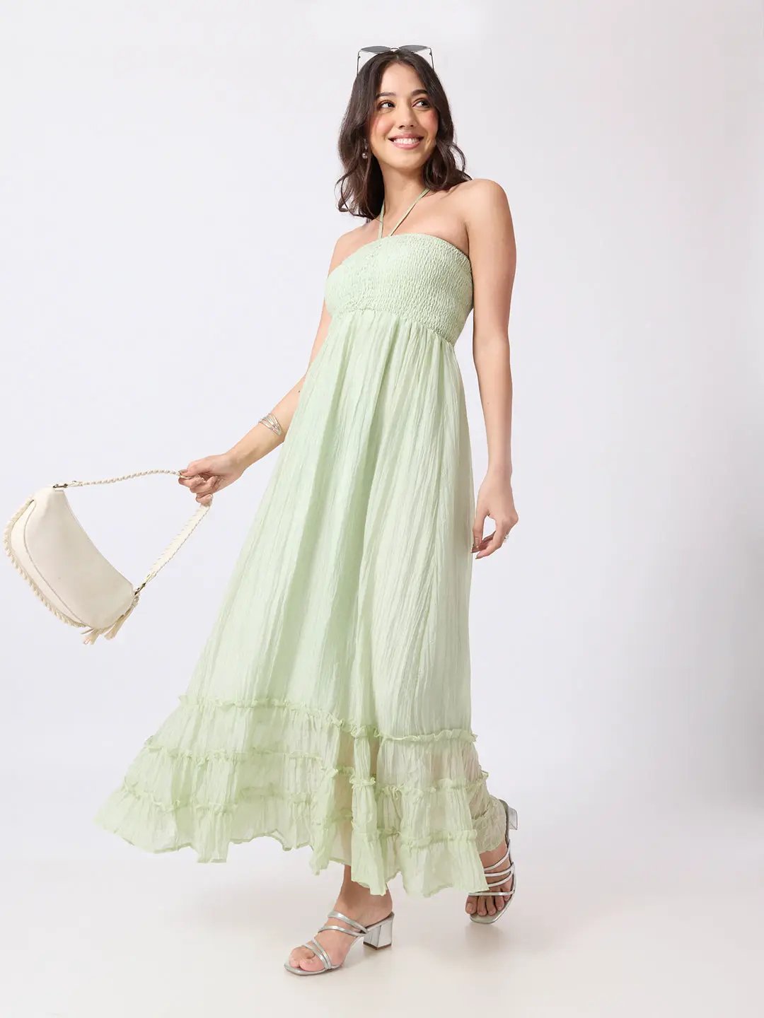 Women's Green Smocked Fit & Flare Halter Neck Maxi Dress with Tiered Ruffle Hem