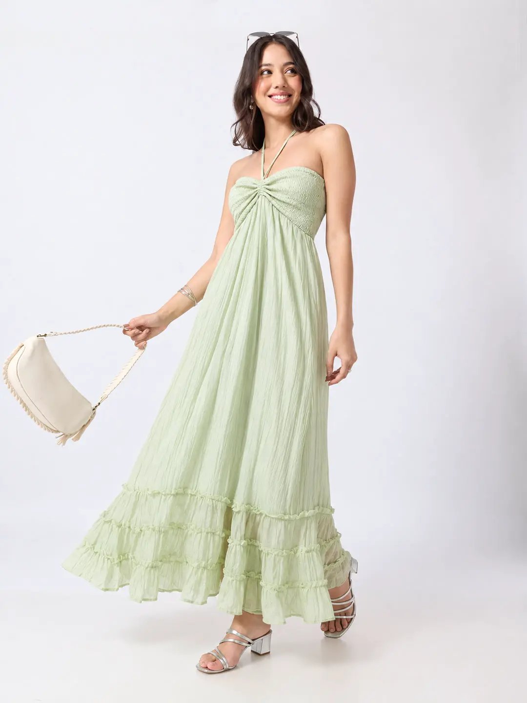 Women's Green Smocked Fit & Flare Halter Neck Maxi Dress with Tiered Ruffle Hem