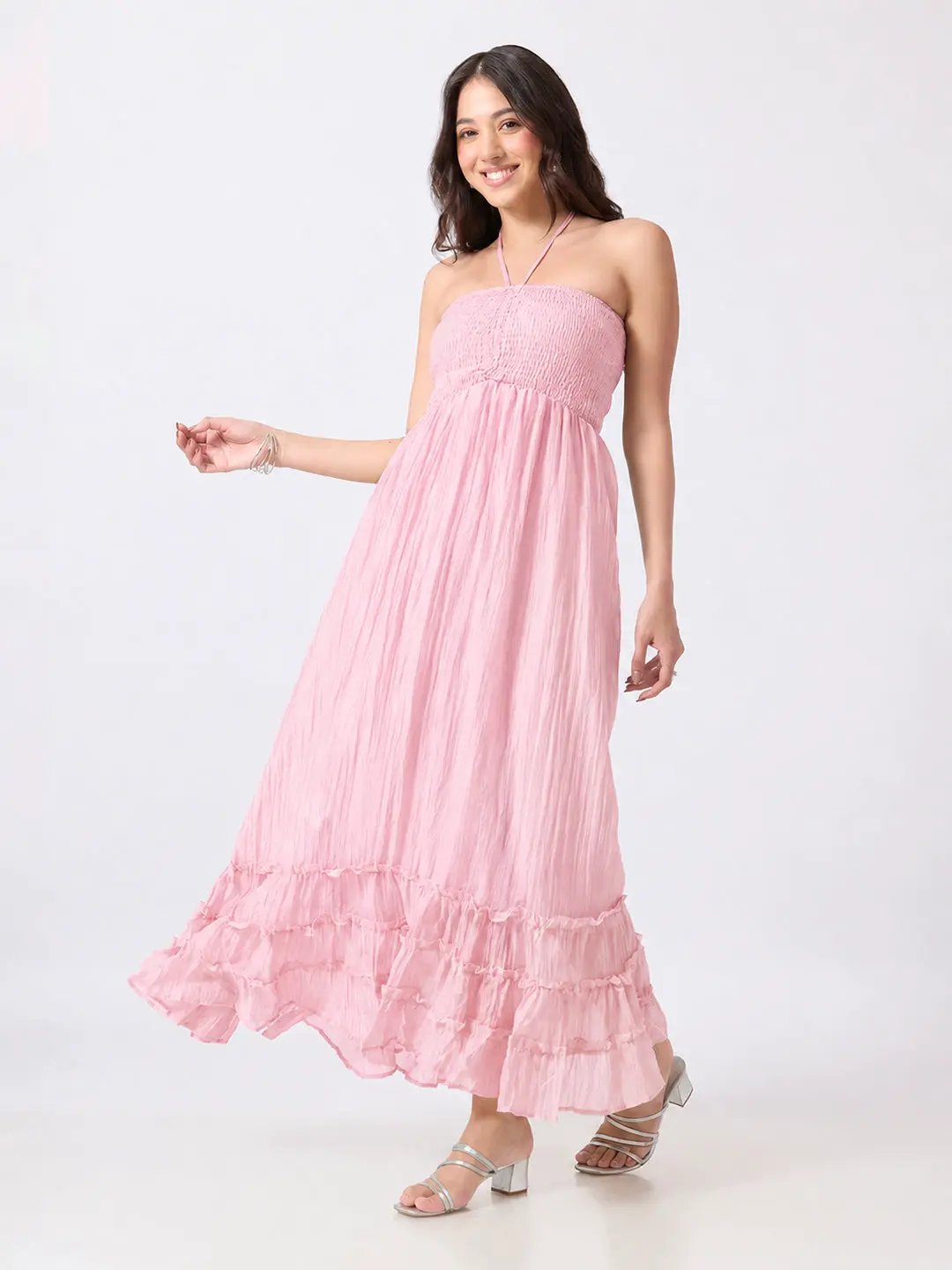 Women's Pink Smocked Fit & Flare Halter Neck Maxi Dress with Tiered Ruffle Hem