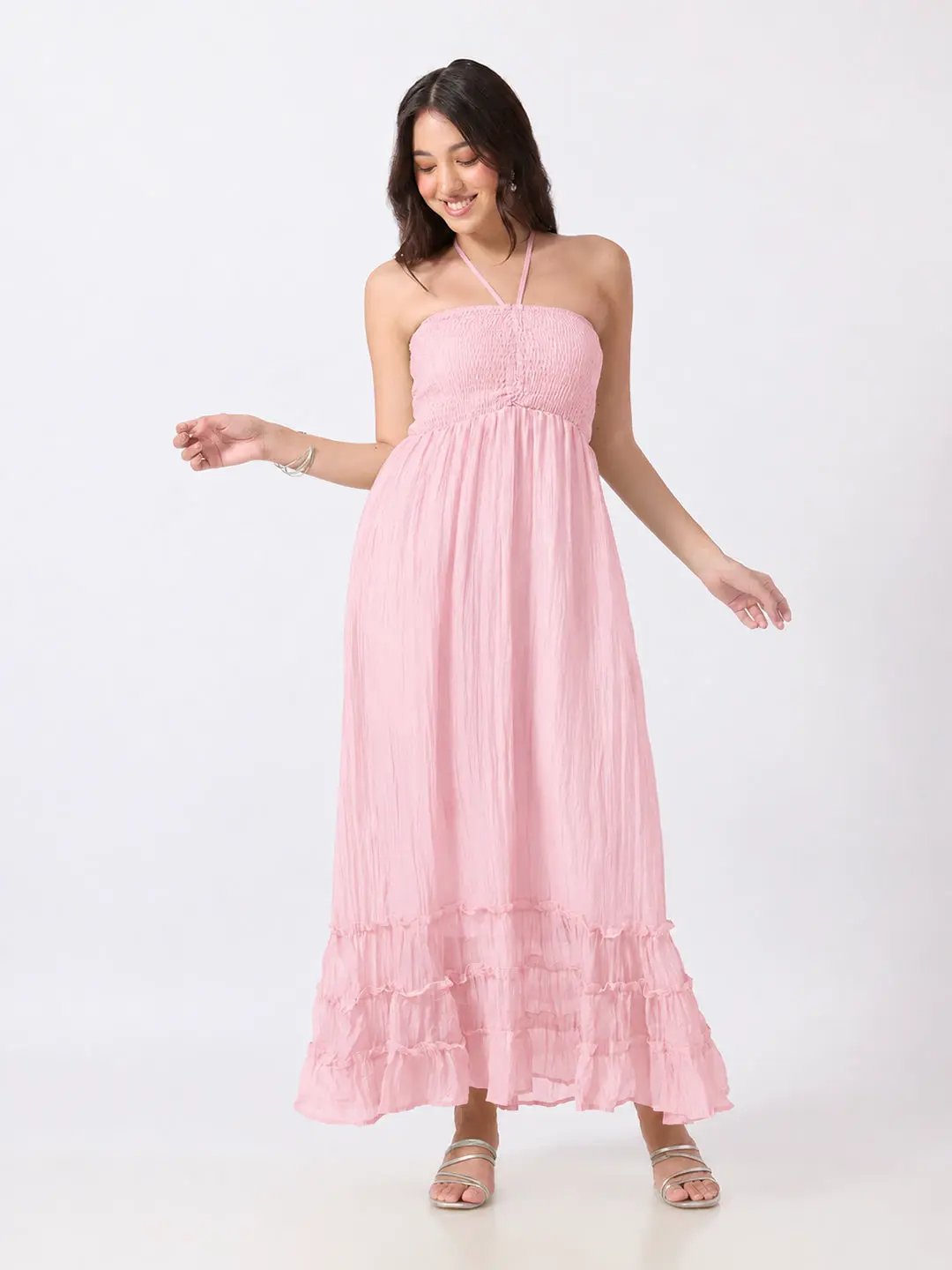 Women's Pink Smocked Fit & Flare Halter Neck Maxi Dress with Tiered Ruffle Hem
