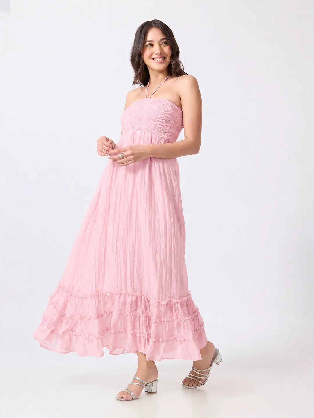 Women's Pink Smocked Fit & Flare Halter Neck Maxi Dress with Tiered Ruffle Hem