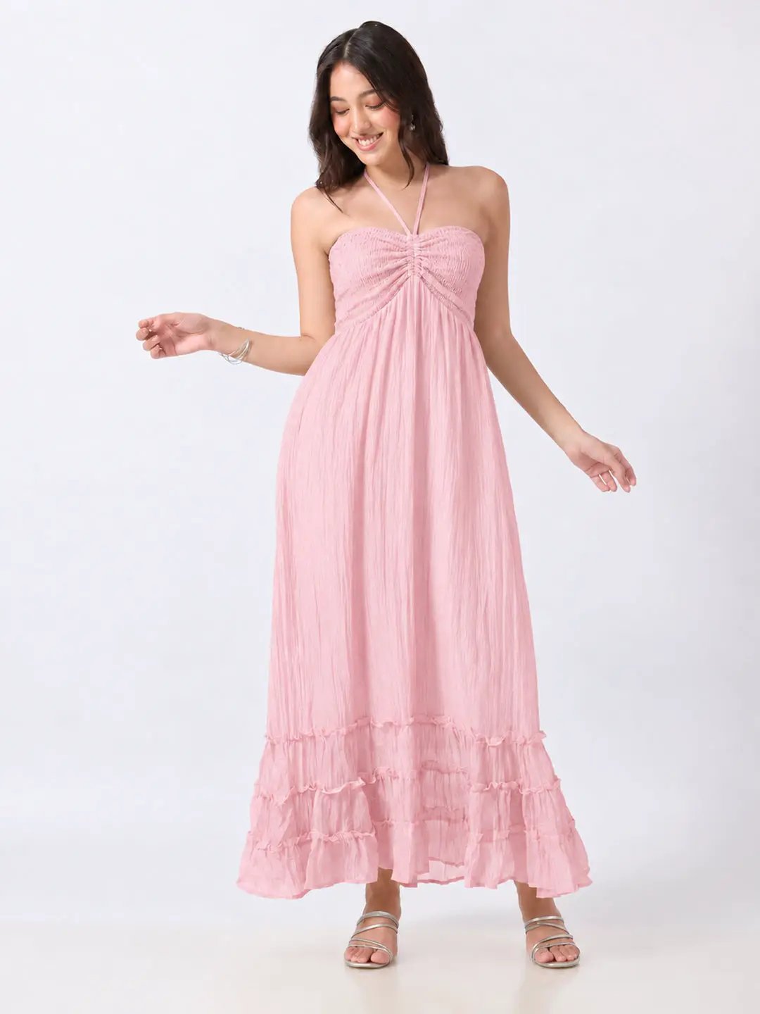 Women's Pink Smocked Fit & Flare Halter Neck Maxi Dress with Tiered Ruffle Hem