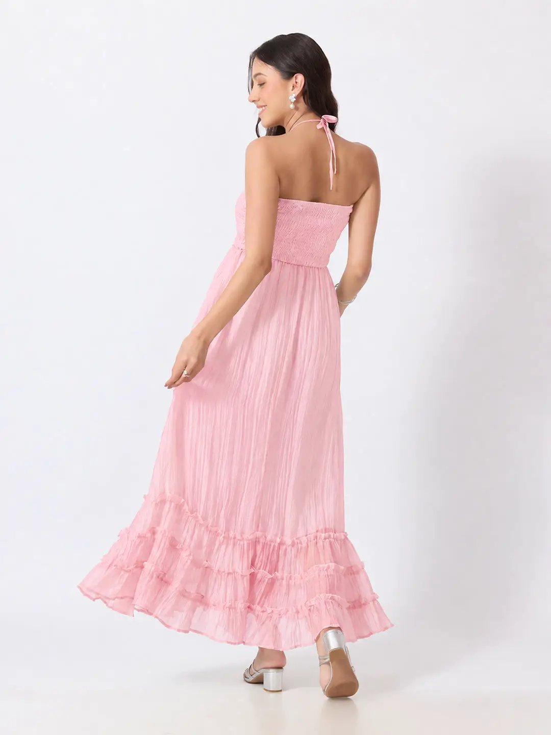 Women's Pink Smocked Fit & Flare Halter Neck Maxi Dress with Tiered Ruffle Hem