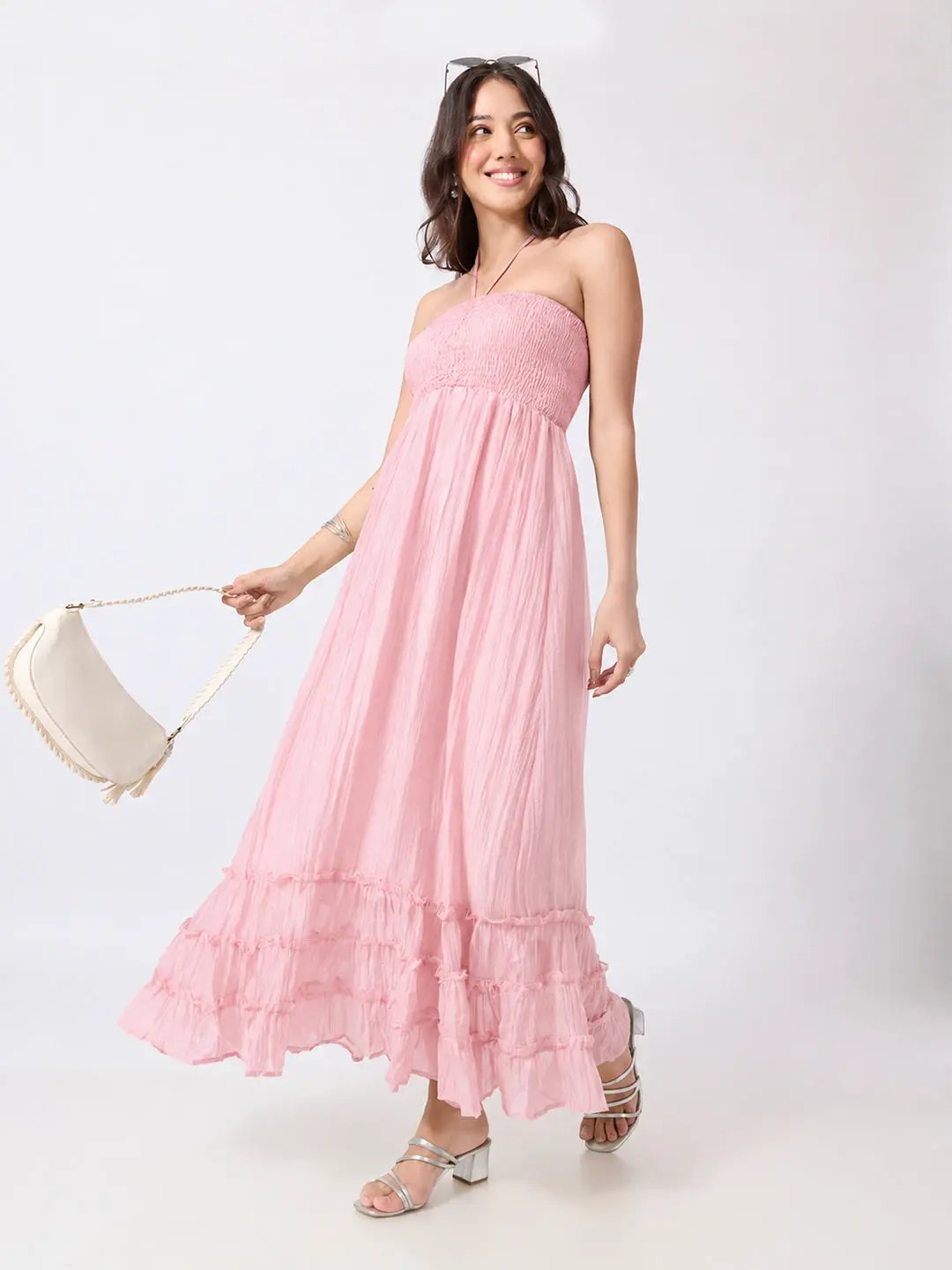 Women's Pink Smocked Fit & Flare Halter Neck Maxi Dress with Tiered Ruffle Hem