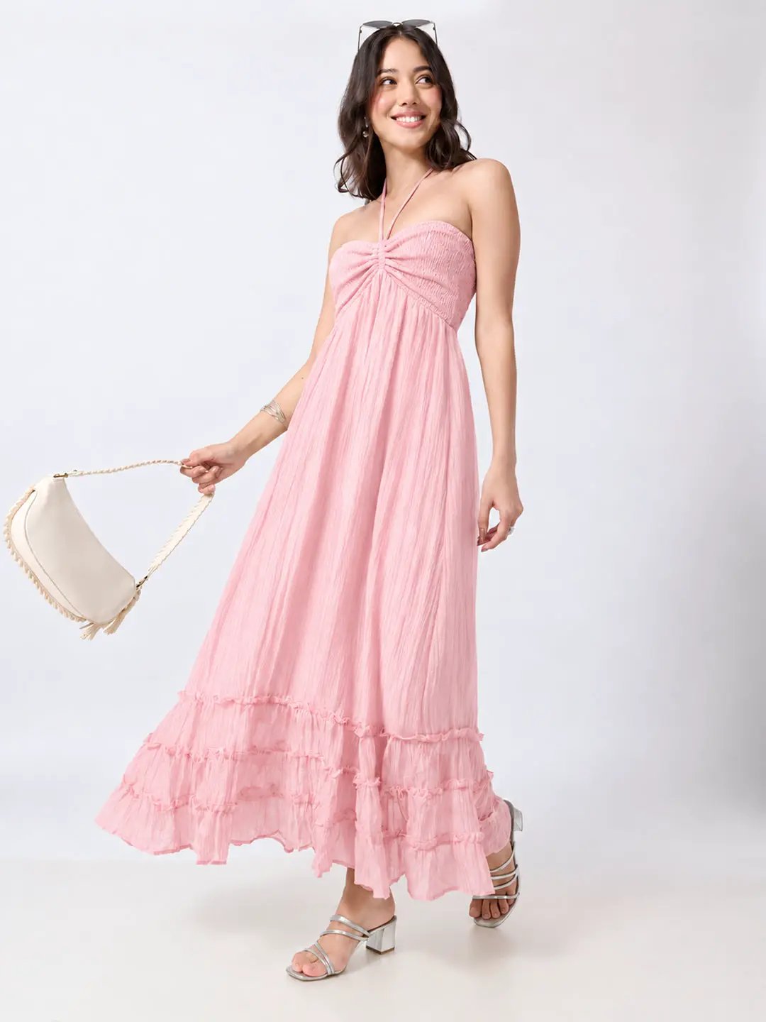 Women's Pink Smocked Fit & Flare Halter Neck Maxi Dress with Tiered Ruffle Hem