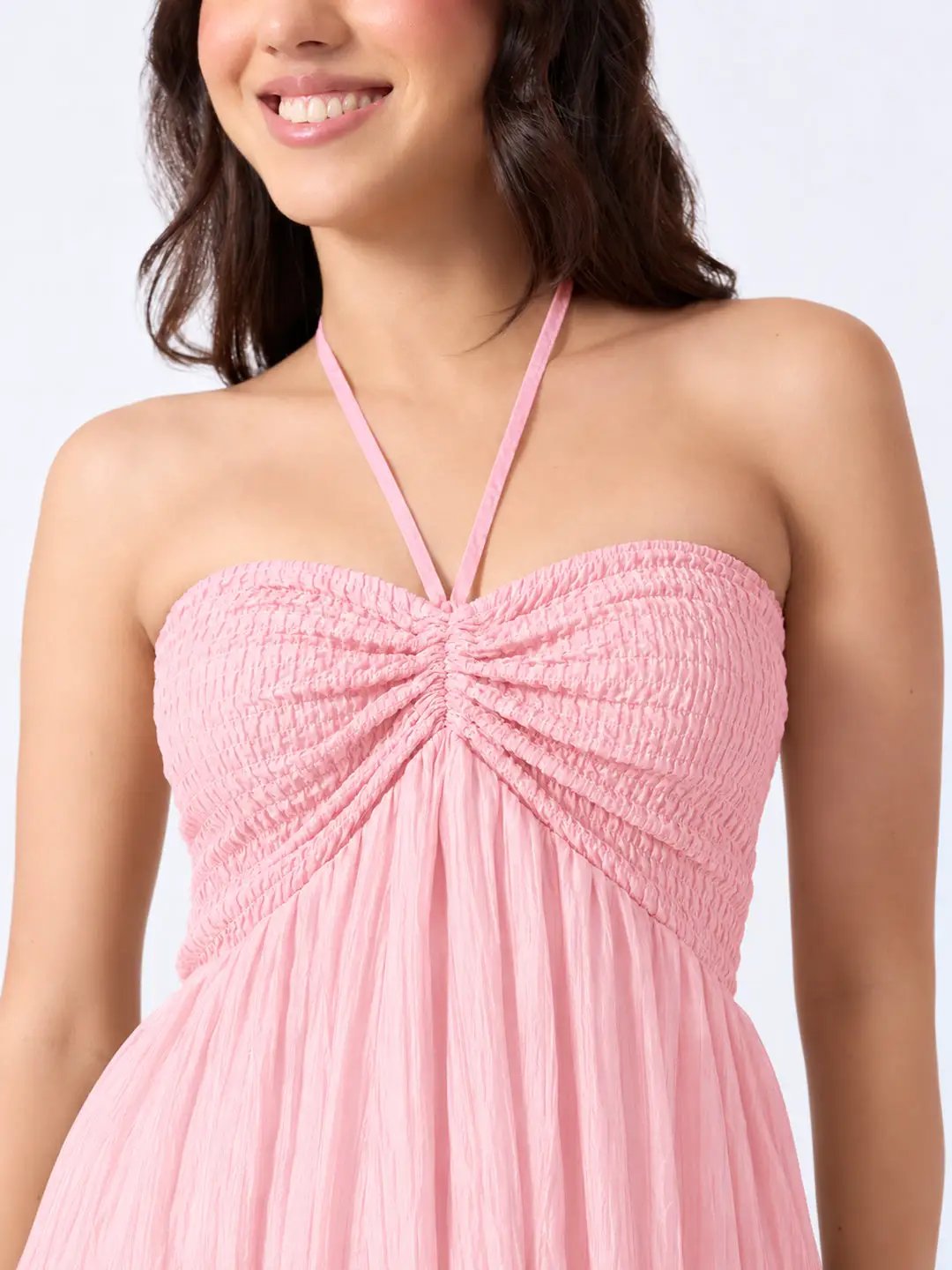 Women's Pink Smocked Fit & Flare Halter Neck Maxi Dress with Tiered Ruffle Hem