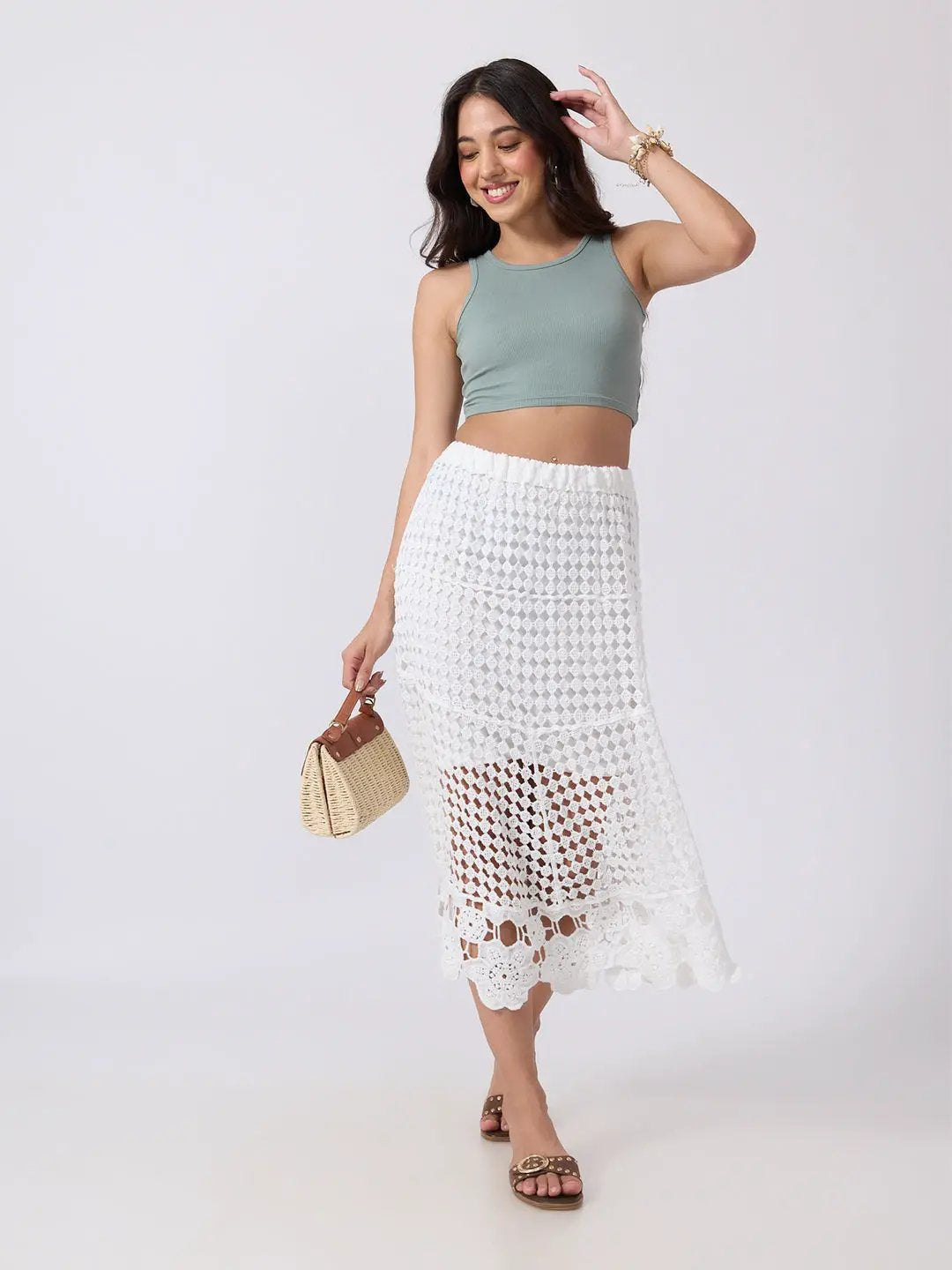 Women's Crochet White Openwork Lace Midi Skirt with Scalloped Hem