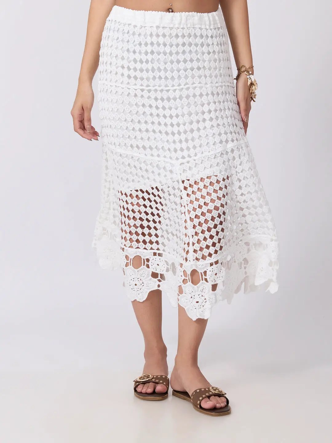 Women's Crochet White Openwork Lace Midi Skirt with Scalloped Hem