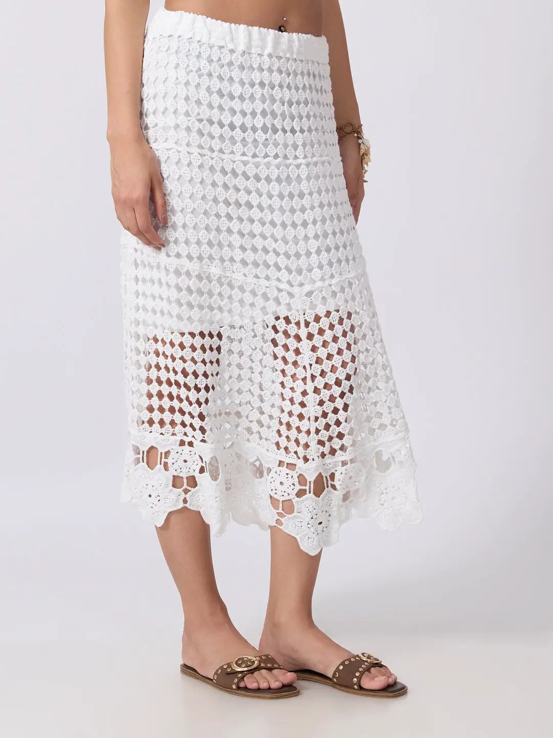 Women's Crochet White Openwork Lace Midi Skirt with Scalloped Hem
