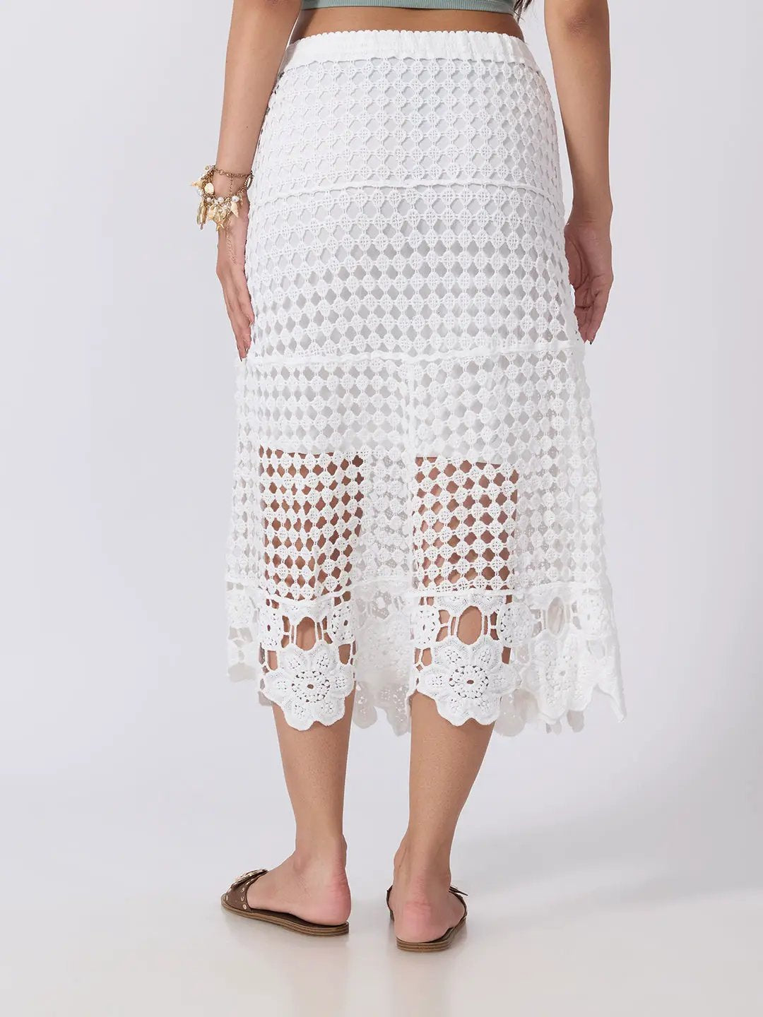 Women's Crochet White Openwork Lace Midi Skirt with Scalloped Hem