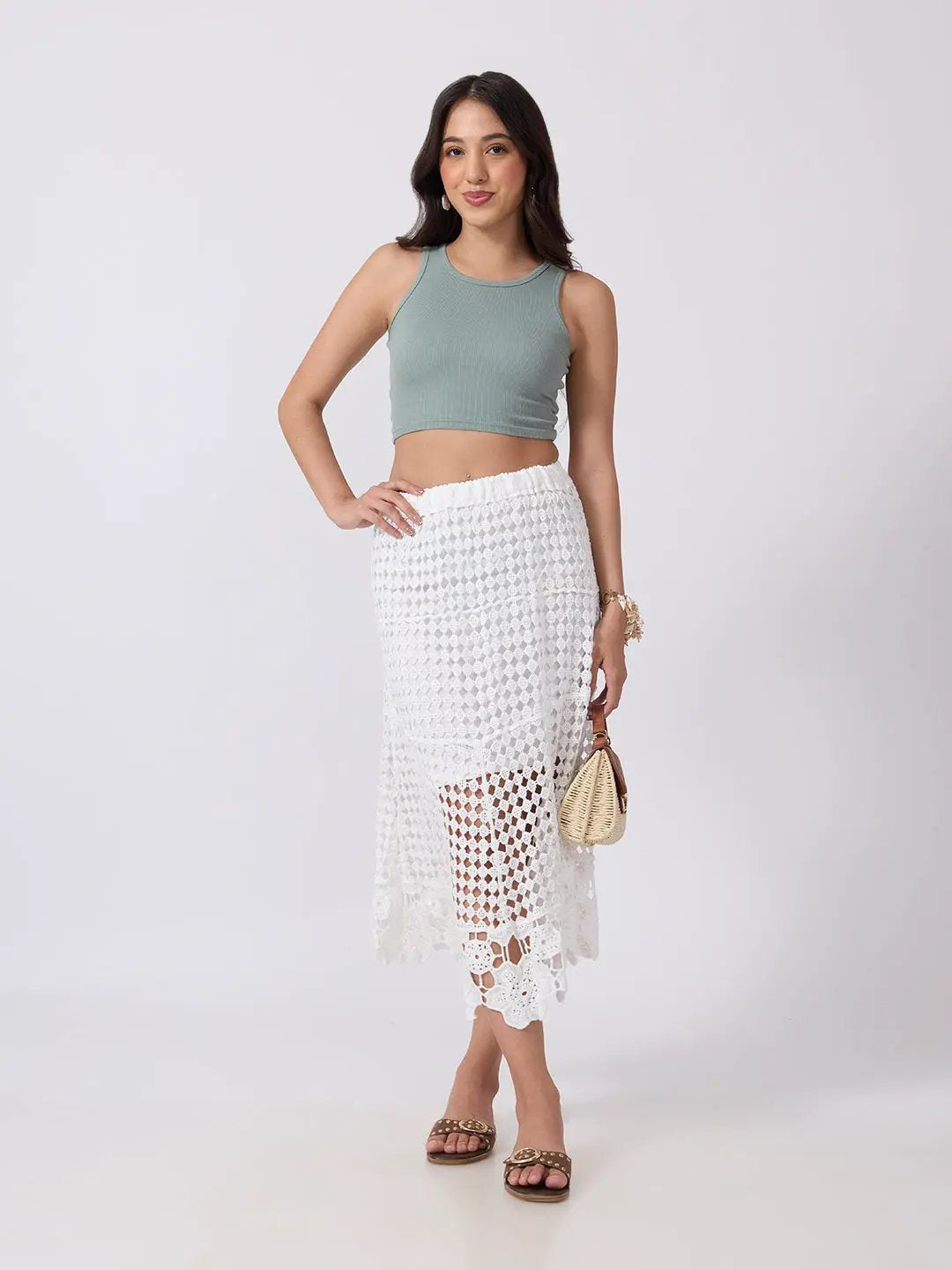Women's Crochet White Openwork Lace Midi Skirt with Scalloped Hem