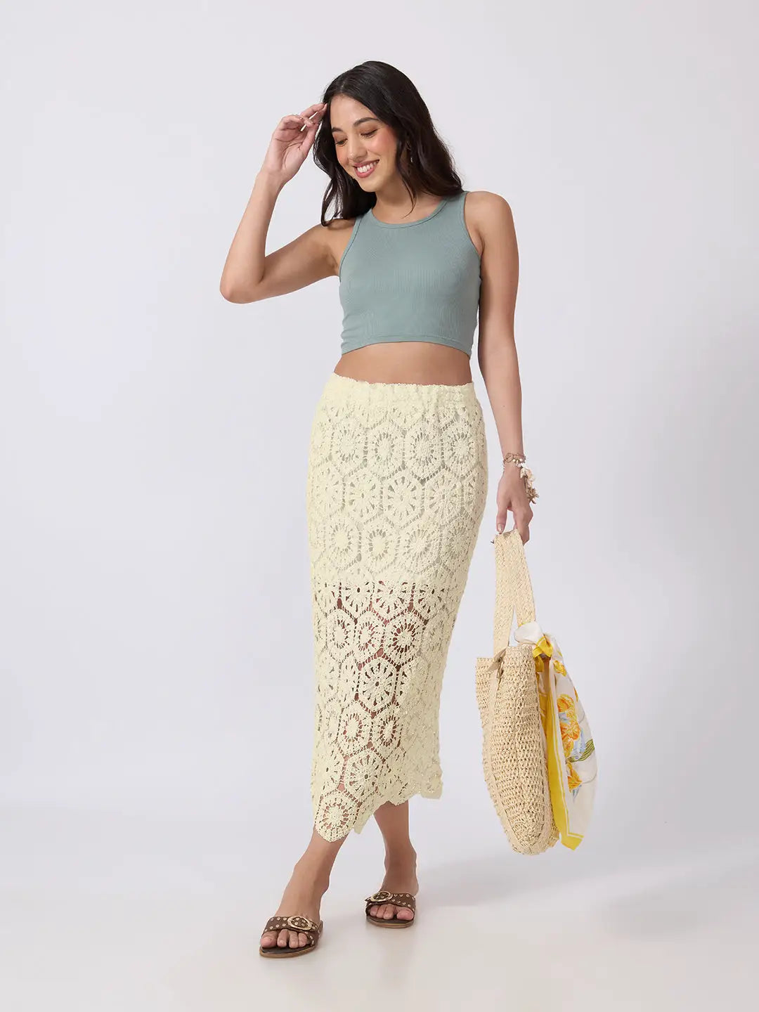 Women's Floral Crochet Cream Openwork Scalloped Hem Maxi Skirt