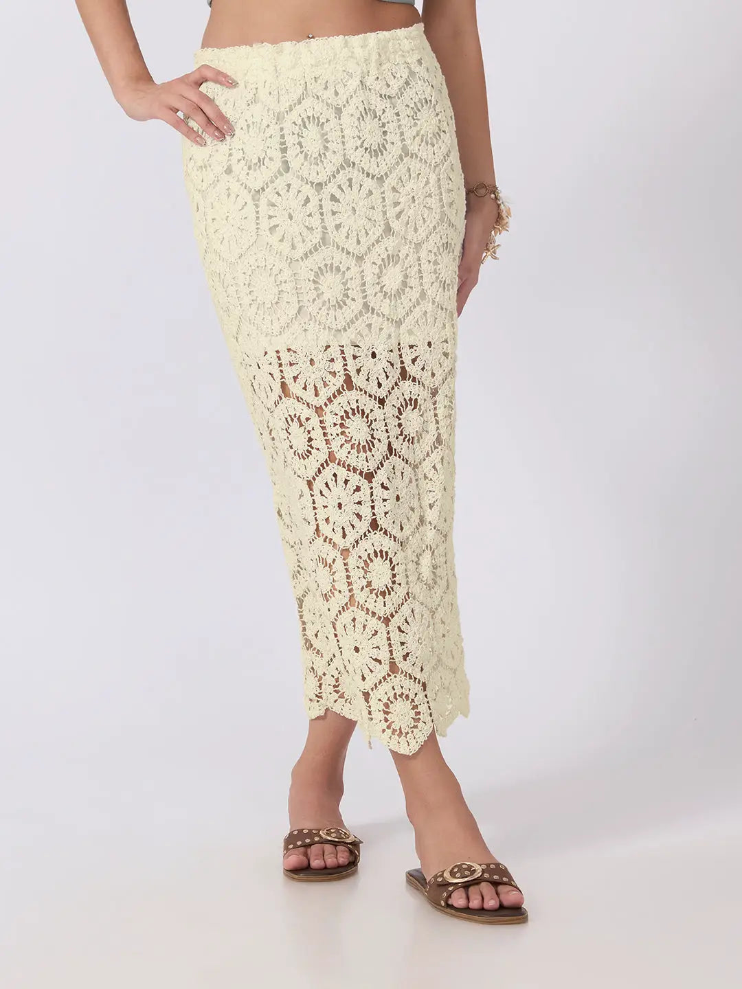 Women's Floral Crochet Cream Openwork Scalloped Hem Maxi Skirt