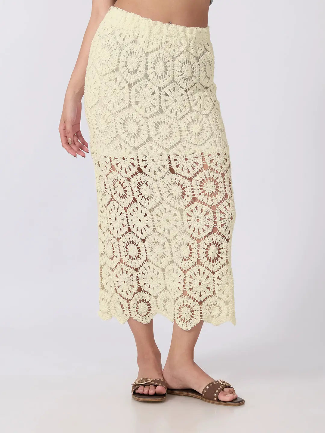 Women's Floral Crochet Cream Openwork Scalloped Hem Maxi Skirt