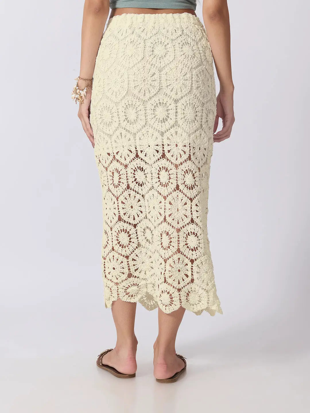Women's Floral Crochet Cream Openwork Scalloped Hem Maxi Skirt