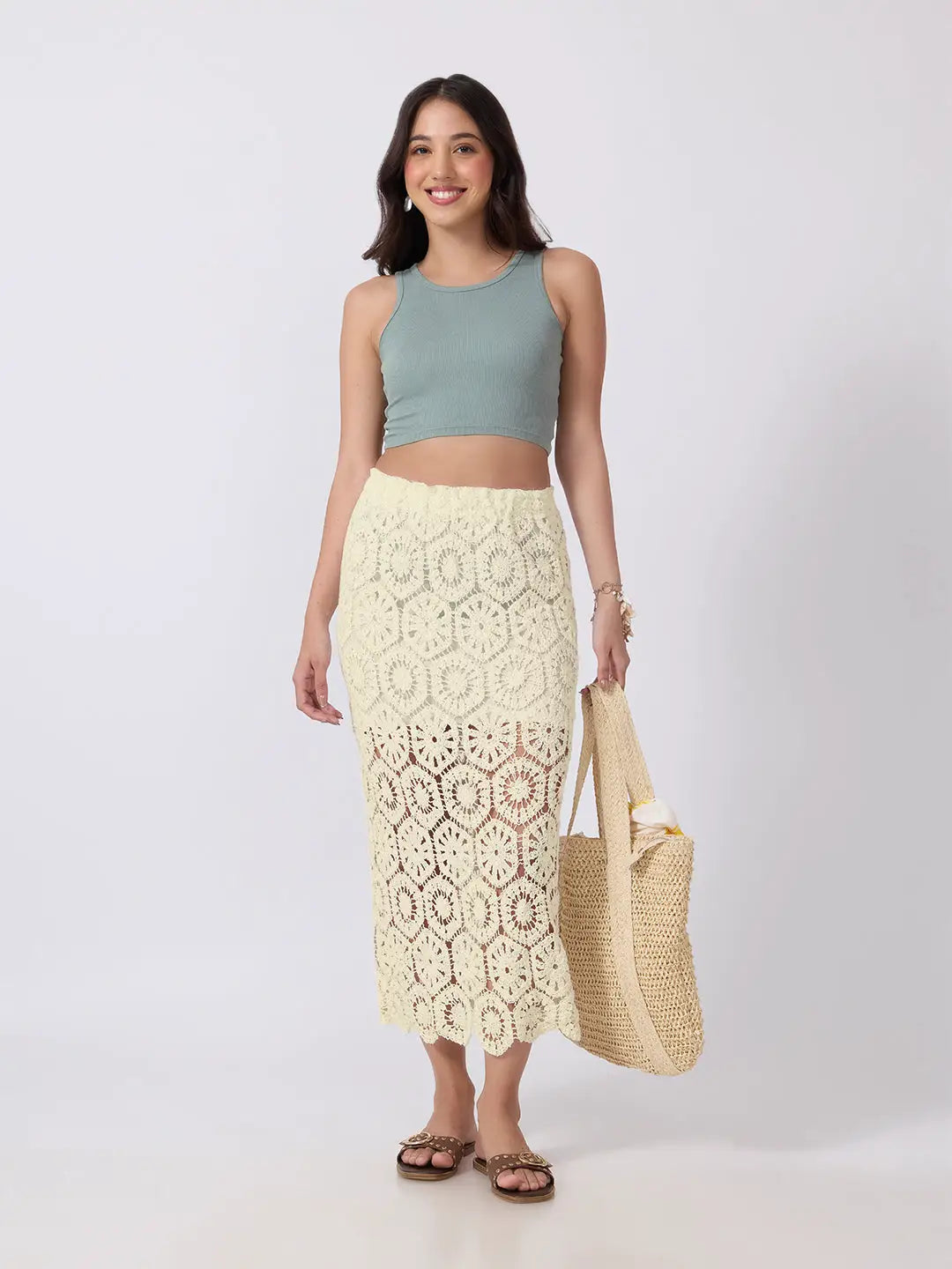 Women's Floral Crochet Cream Openwork Scalloped Hem Maxi Skirt