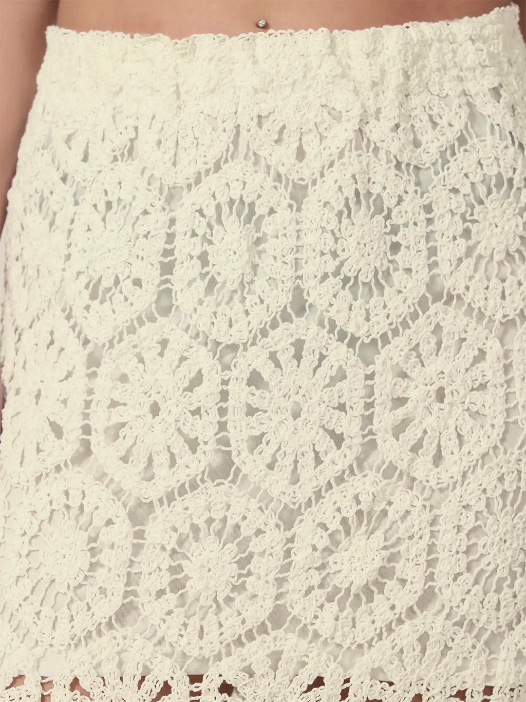 Women's Floral Crochet Cream Openwork Scalloped Hem Maxi Skirt