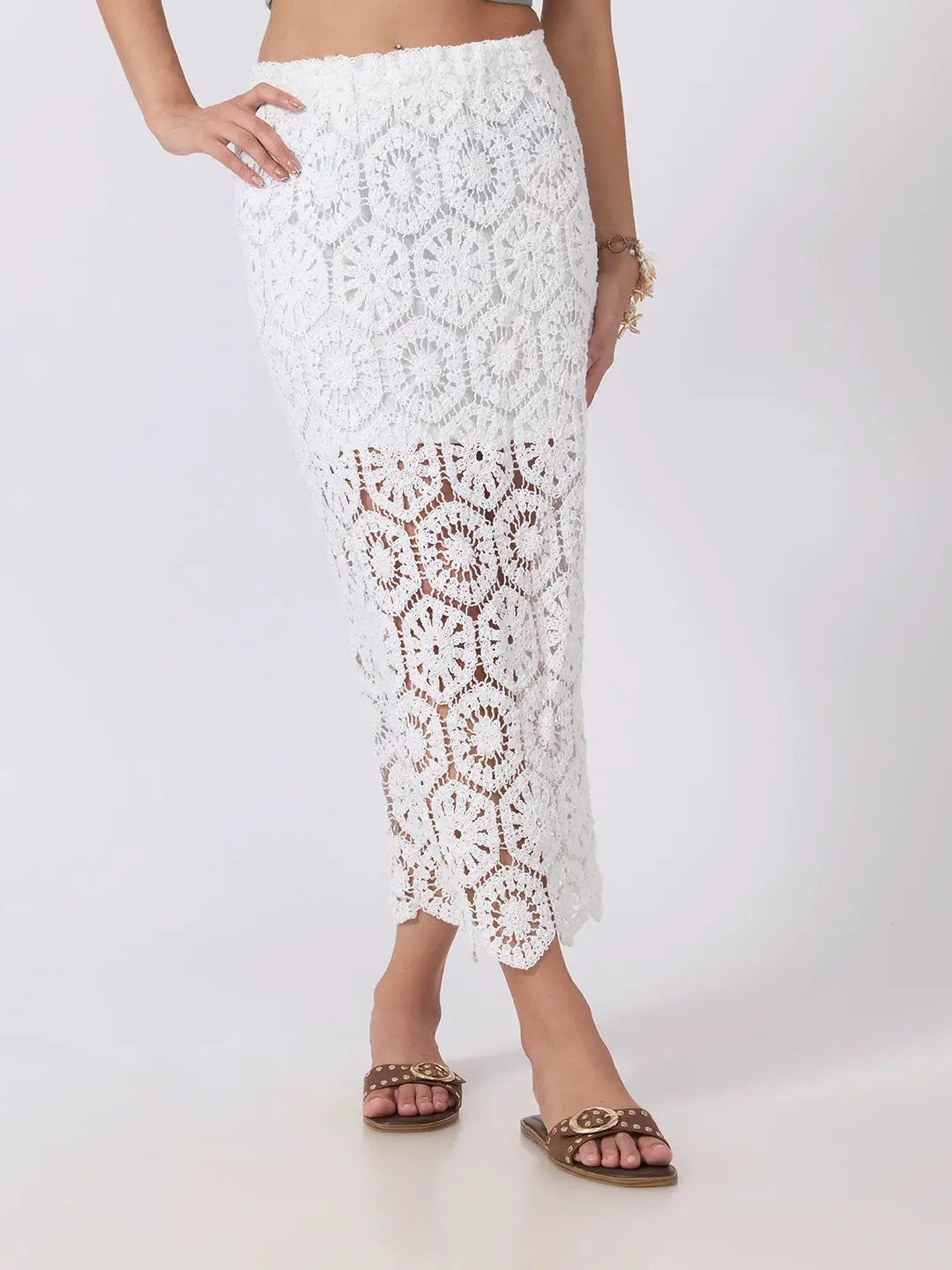 Women's Floral Crochet White Openwork Scalloped Hem Maxi Skirt