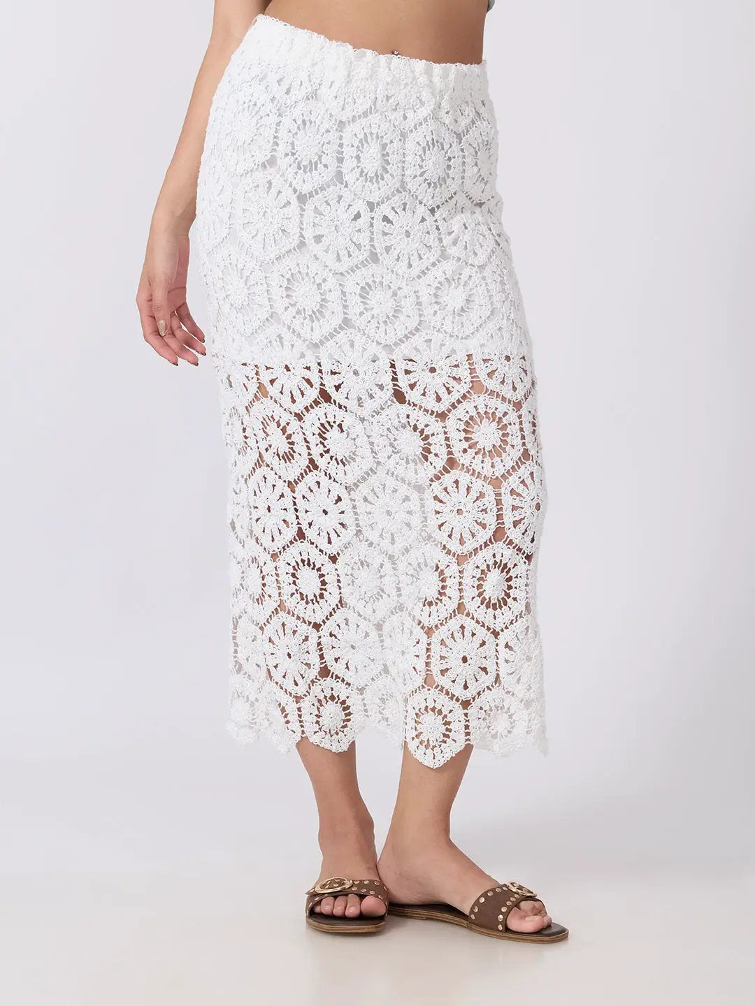 Women's Floral Crochet White Openwork Scalloped Hem Maxi Skirt