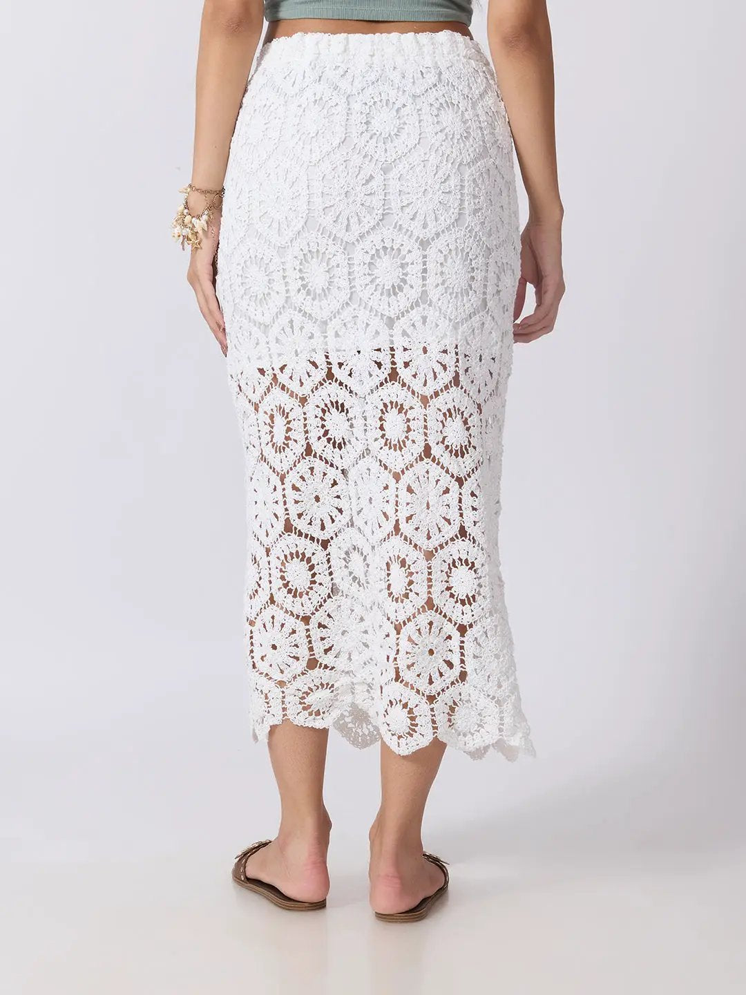 Women's Floral Crochet White Openwork Scalloped Hem Maxi Skirt