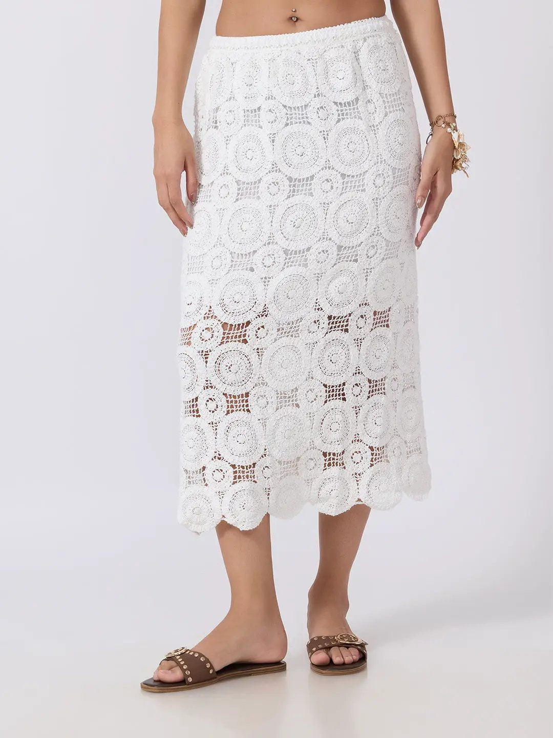 Women's Floral Crochet White Midi Skirt with Circular Motif Detailing and Scalloped Hem