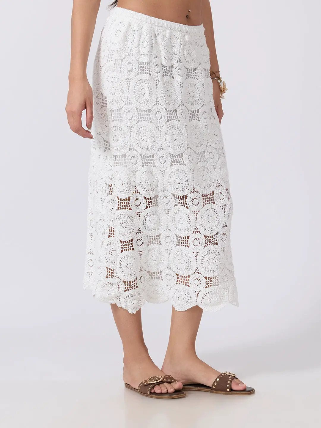 Women's Floral Crochet White Midi Skirt with Circular Motif Detailing and Scalloped Hem