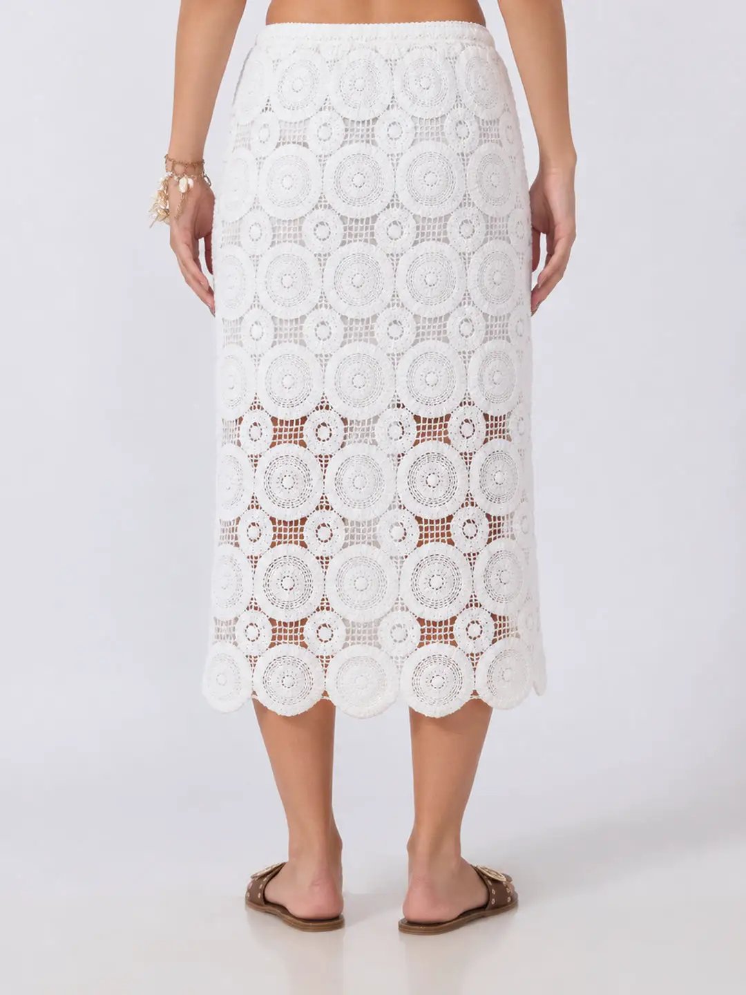 Women's Floral Crochet White Midi Skirt with Circular Motif Detailing and Scalloped Hem