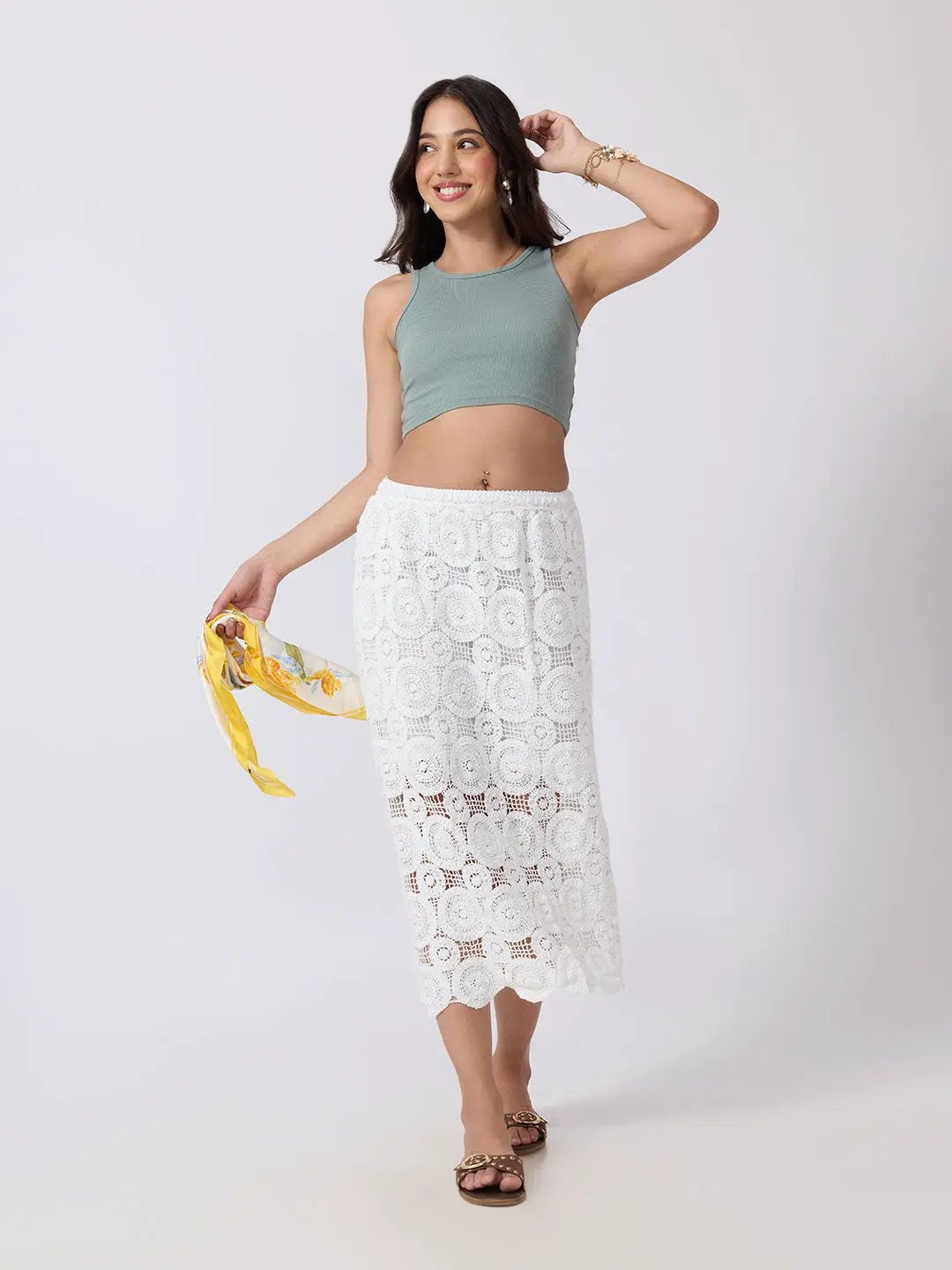 Women's Floral Crochet White Midi Skirt with Circular Motif Detailing and Scalloped Hem