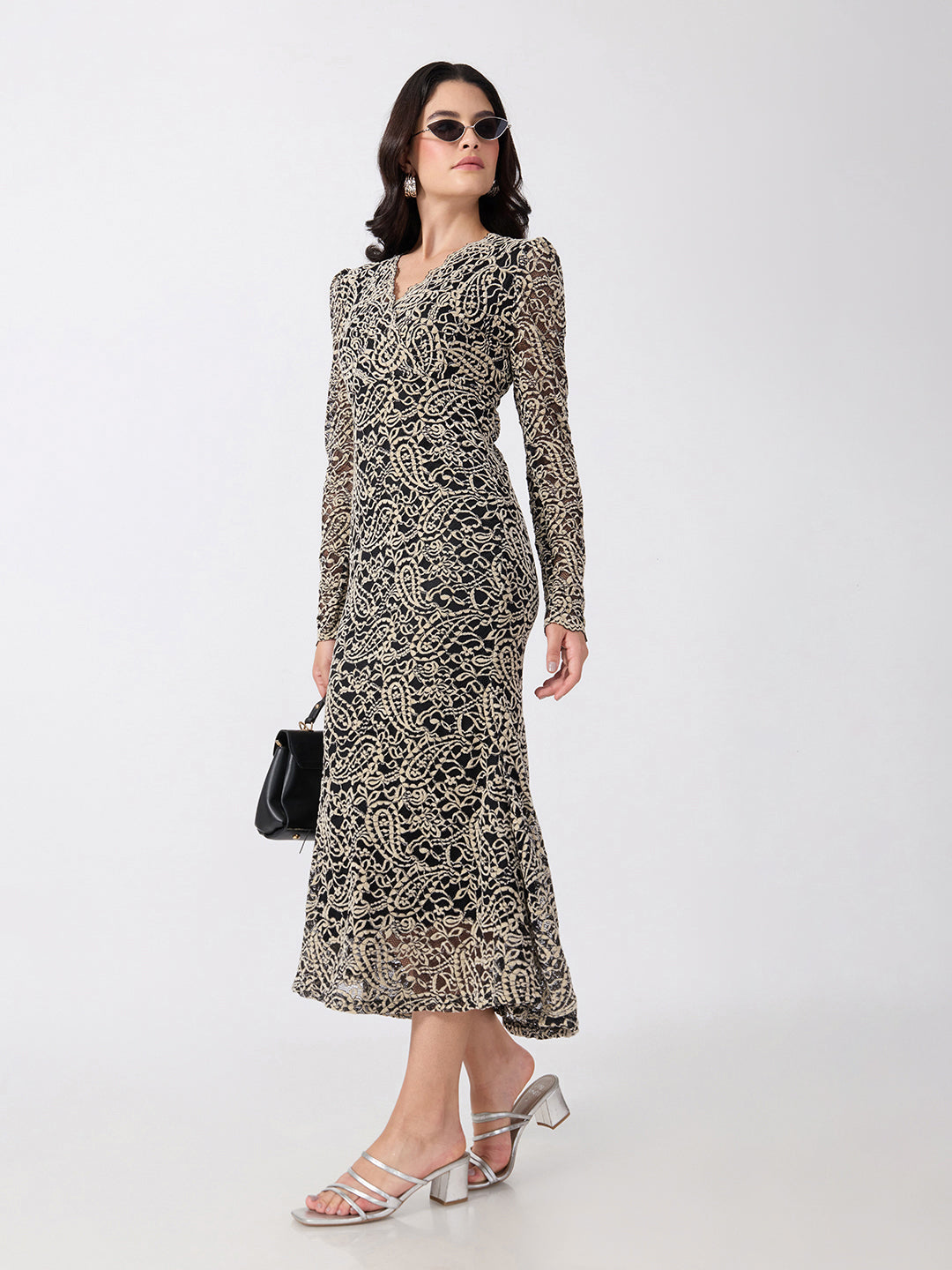 Women’s Paisley Black and Cream Midi Dress with Tie-Ups