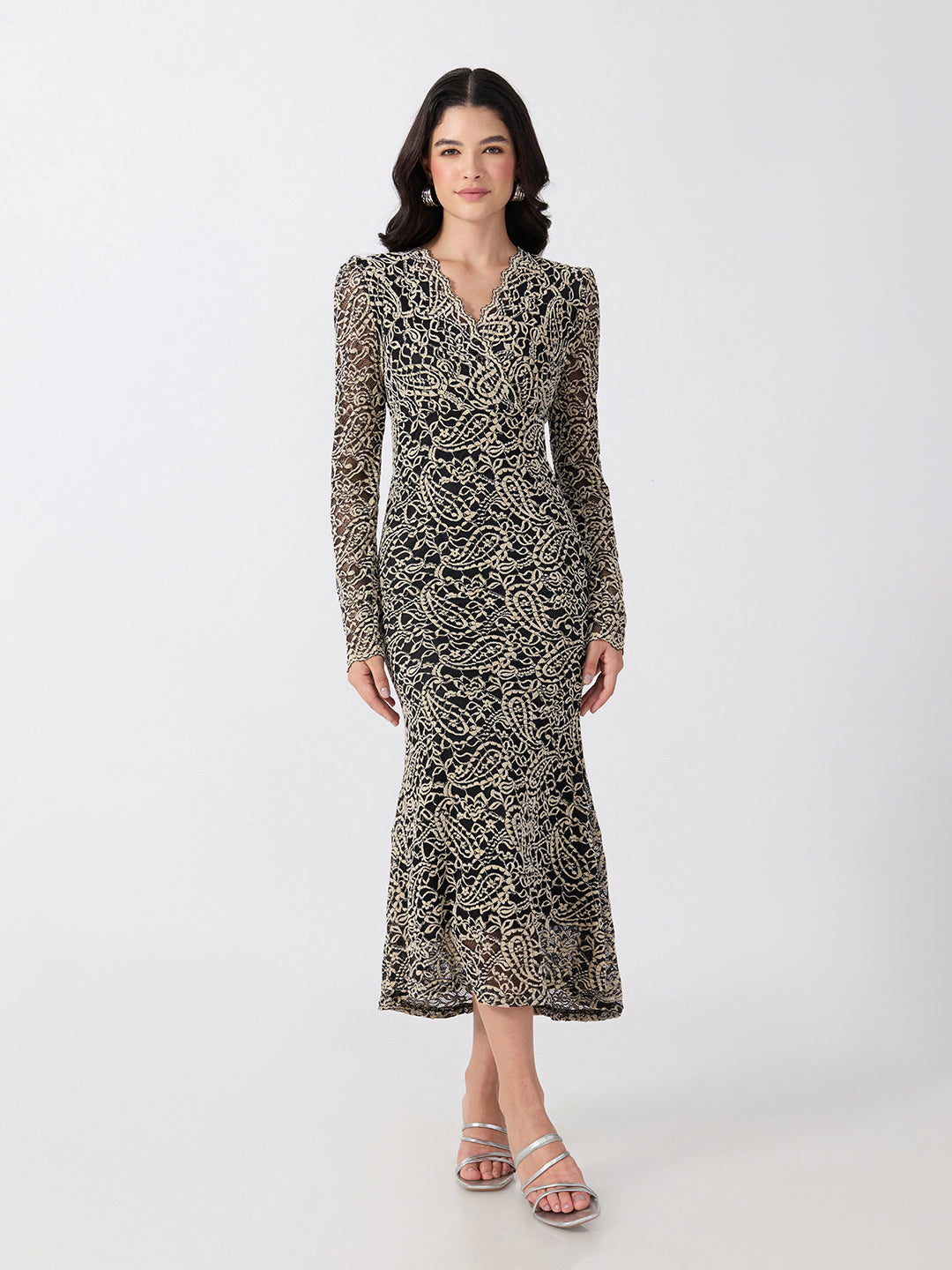 Women’s Paisley Black and Cream Midi Dress with Tie-Ups