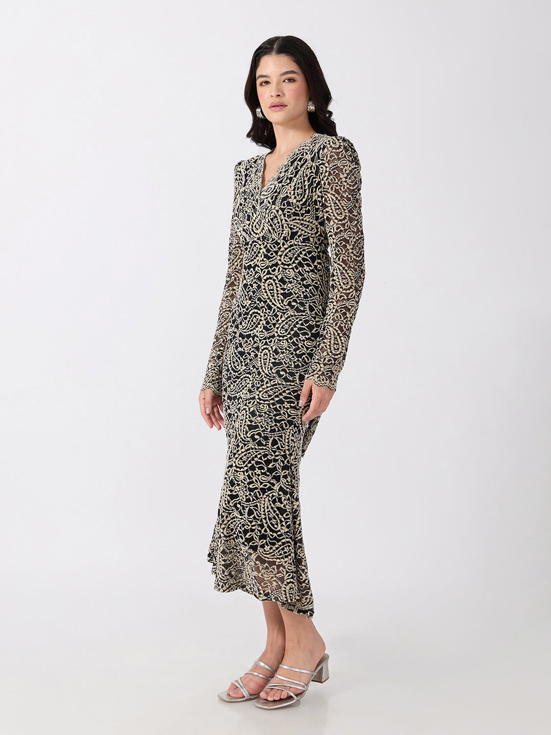 Women’s Paisley Black and Cream Midi Dress with Tie-Ups