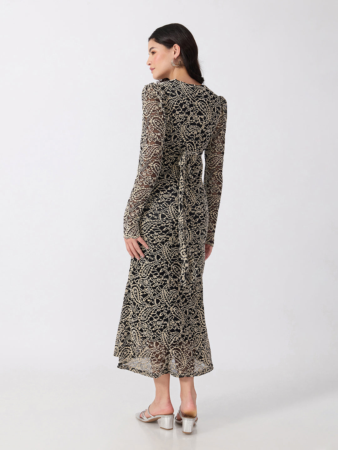 Women’s Paisley Black and Cream Midi Dress with Tie-Ups