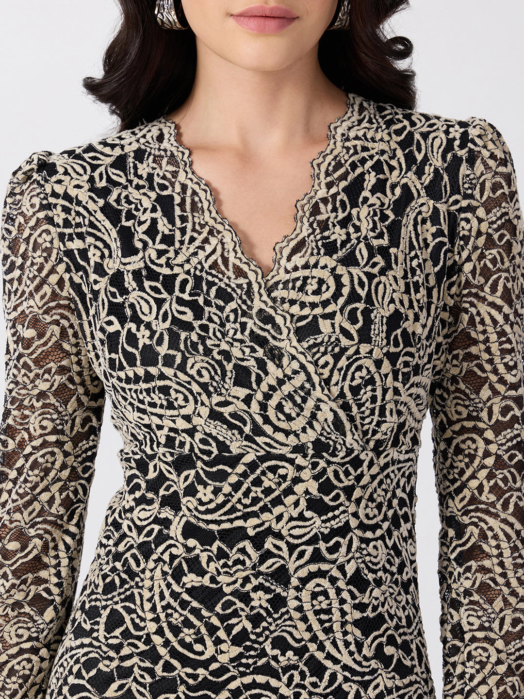 Women’s Paisley Black and Cream Midi Dress with Tie-Ups
