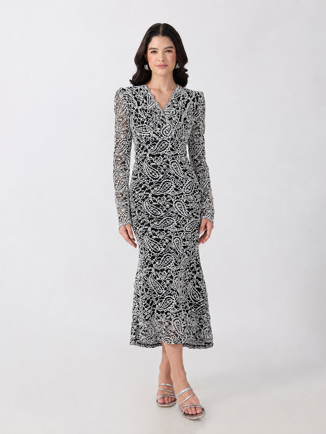 Women’s Paisley Black and White Midi Dress with Tie-Ups