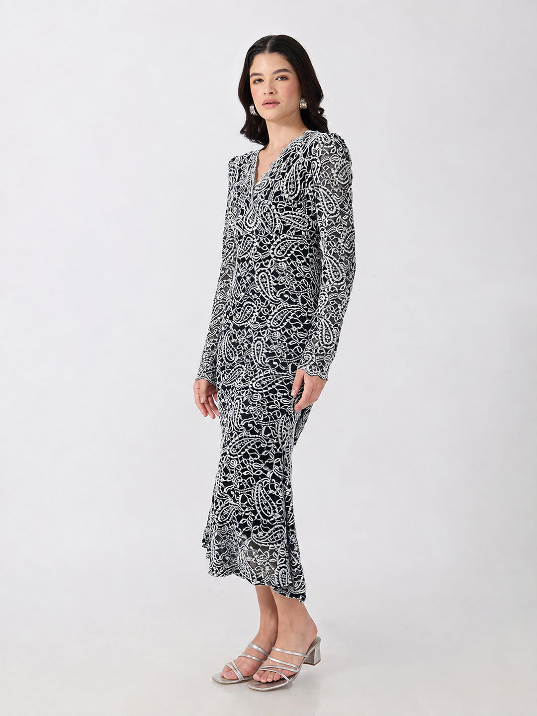 Women’s Paisley Black and White Midi Dress with Tie-Ups