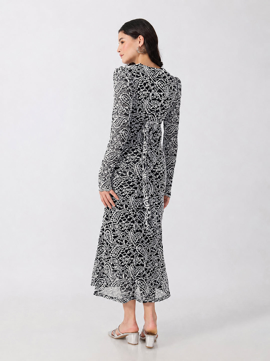 Women’s Paisley Black and White Midi Dress with Tie-Ups