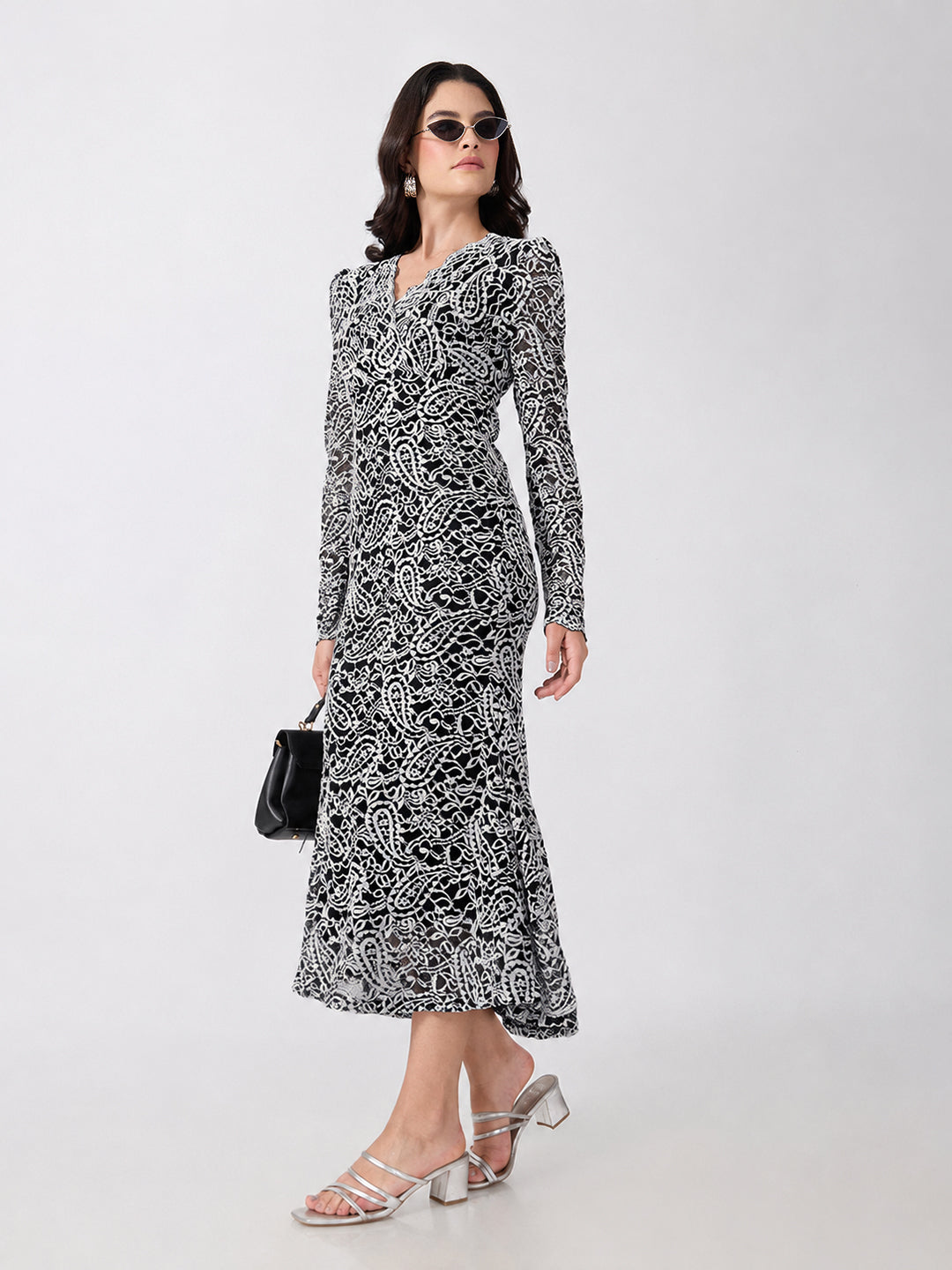 Women’s Paisley Black and White Midi Dress with Tie-Ups