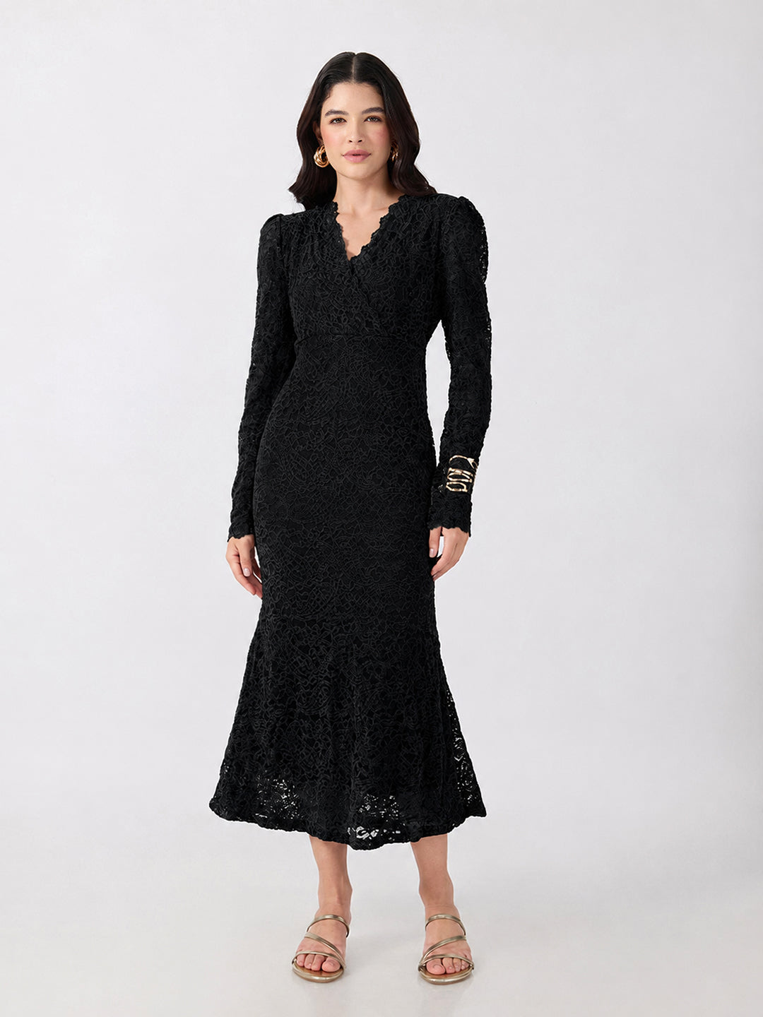 Women’s Paisley Black Midi Dress with Tie-Ups