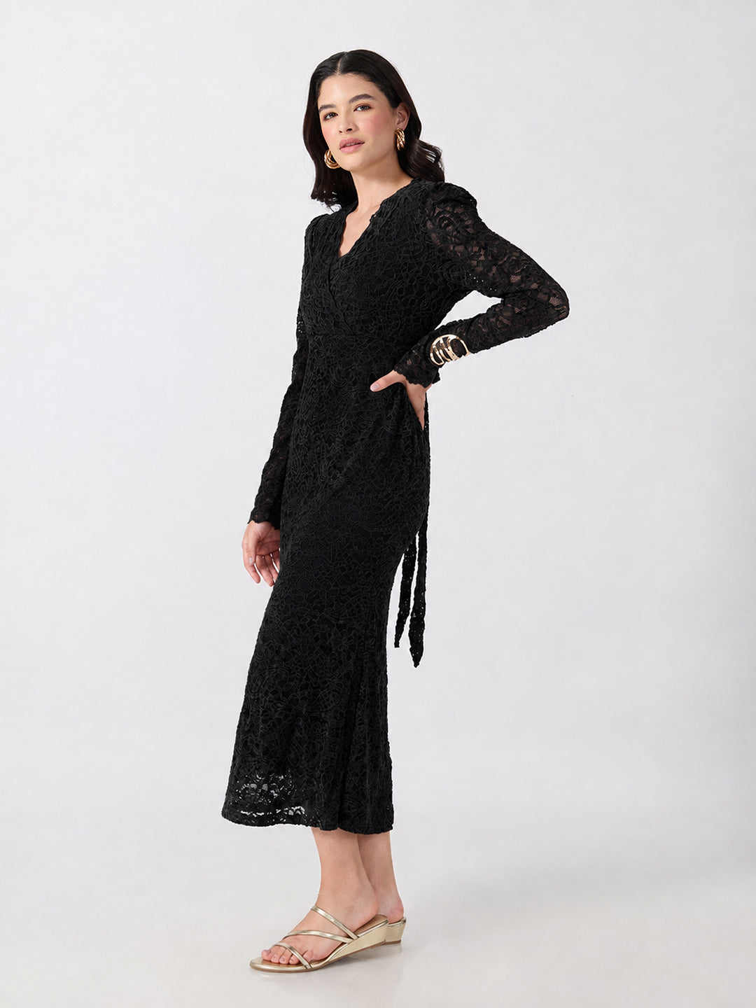 Women’s Paisley Black Midi Dress with Tie-Ups
