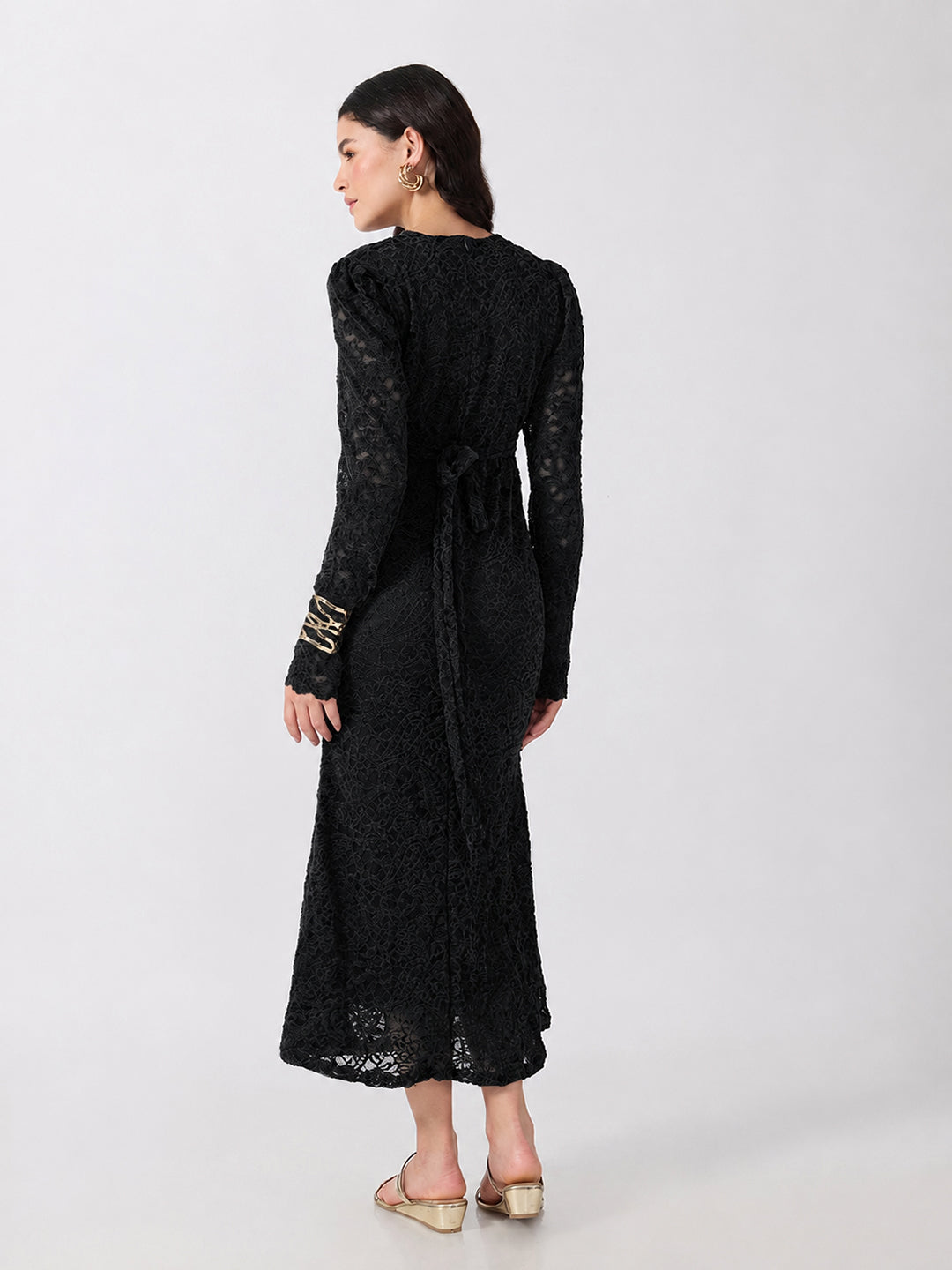 Women’s Paisley Black Midi Dress with Tie-Ups