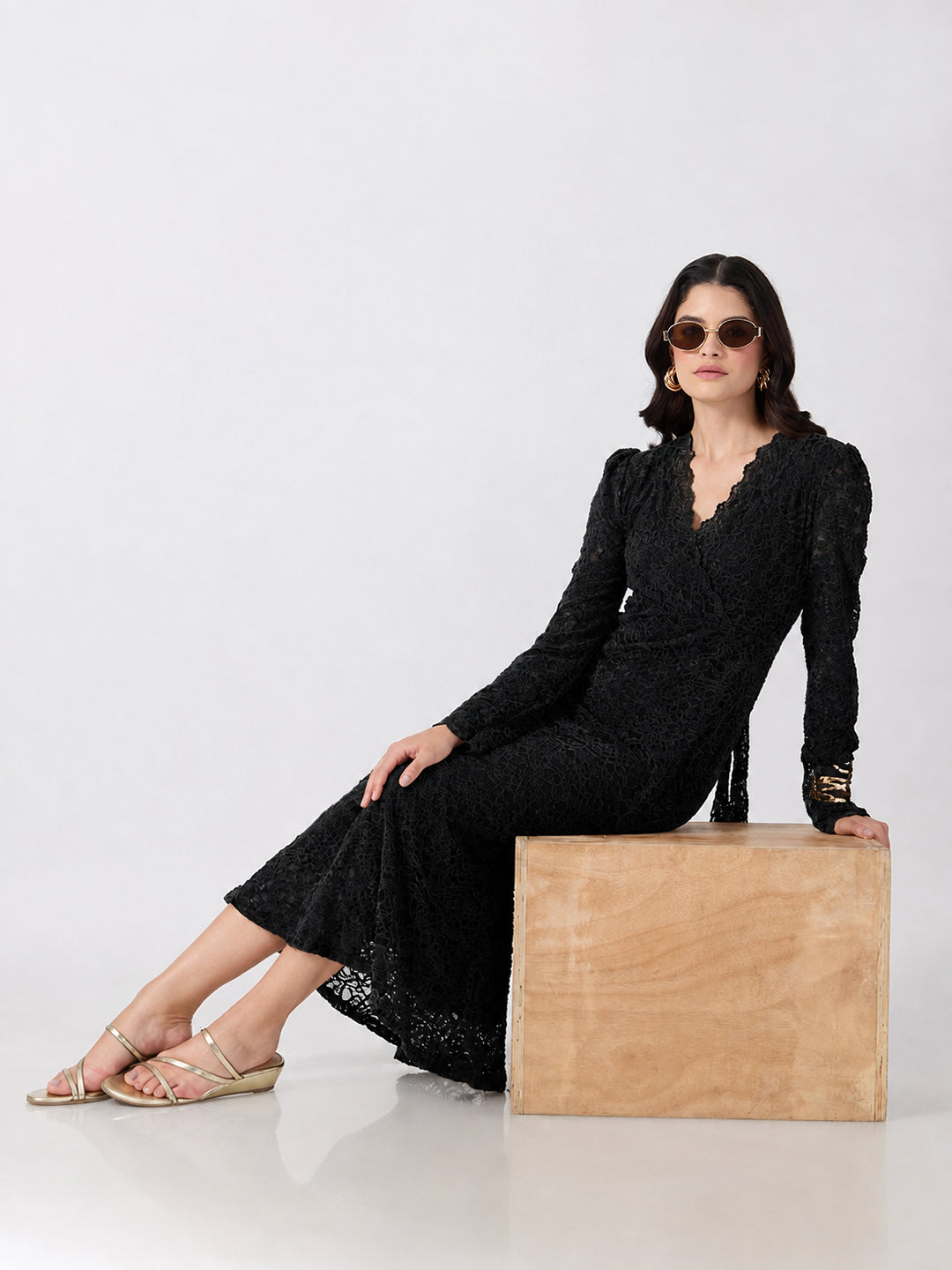 Women’s Paisley Black Midi Dress with Tie-Ups