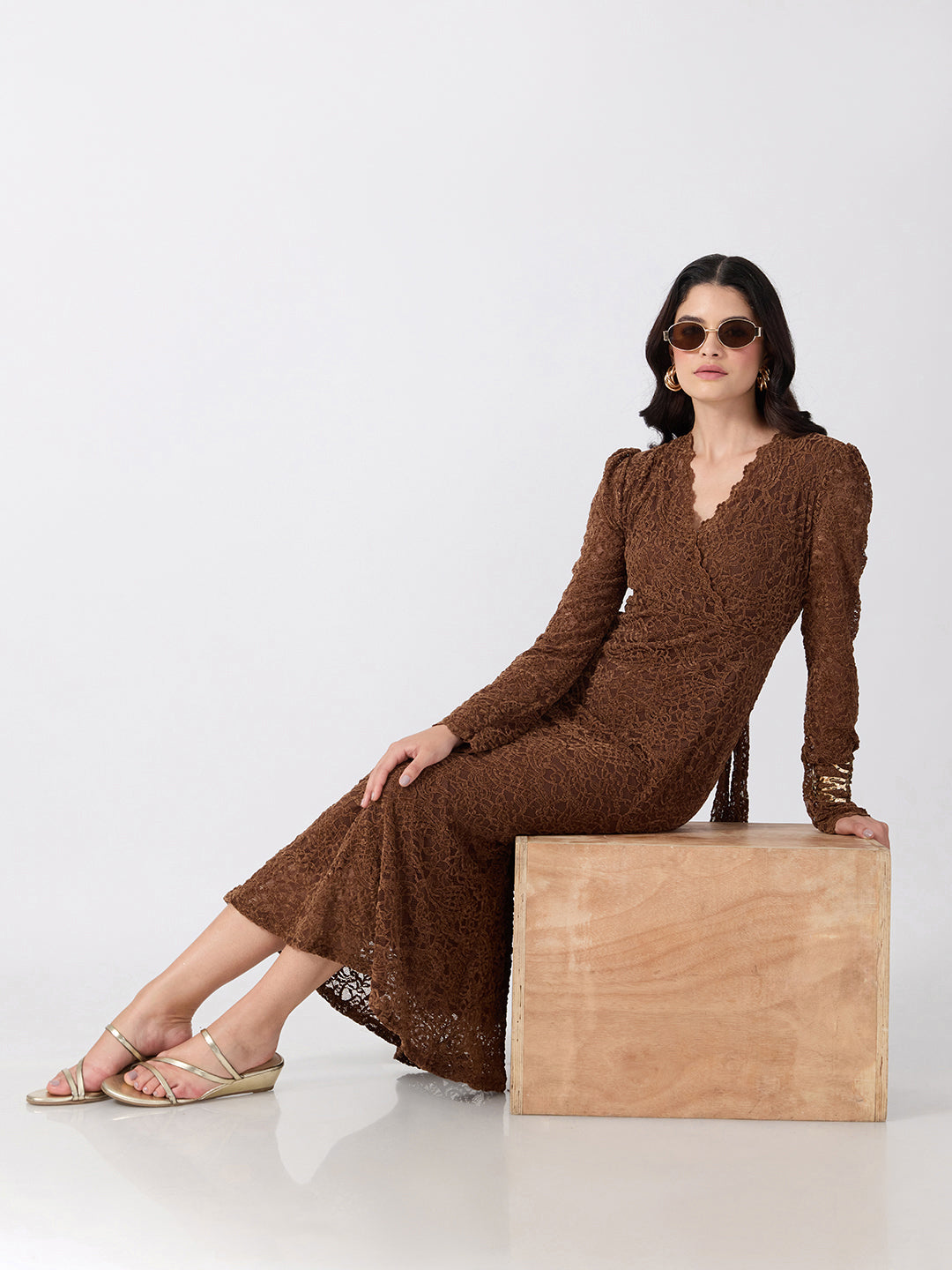Women’s Paisley Brown Midi Dress with Tie-Ups